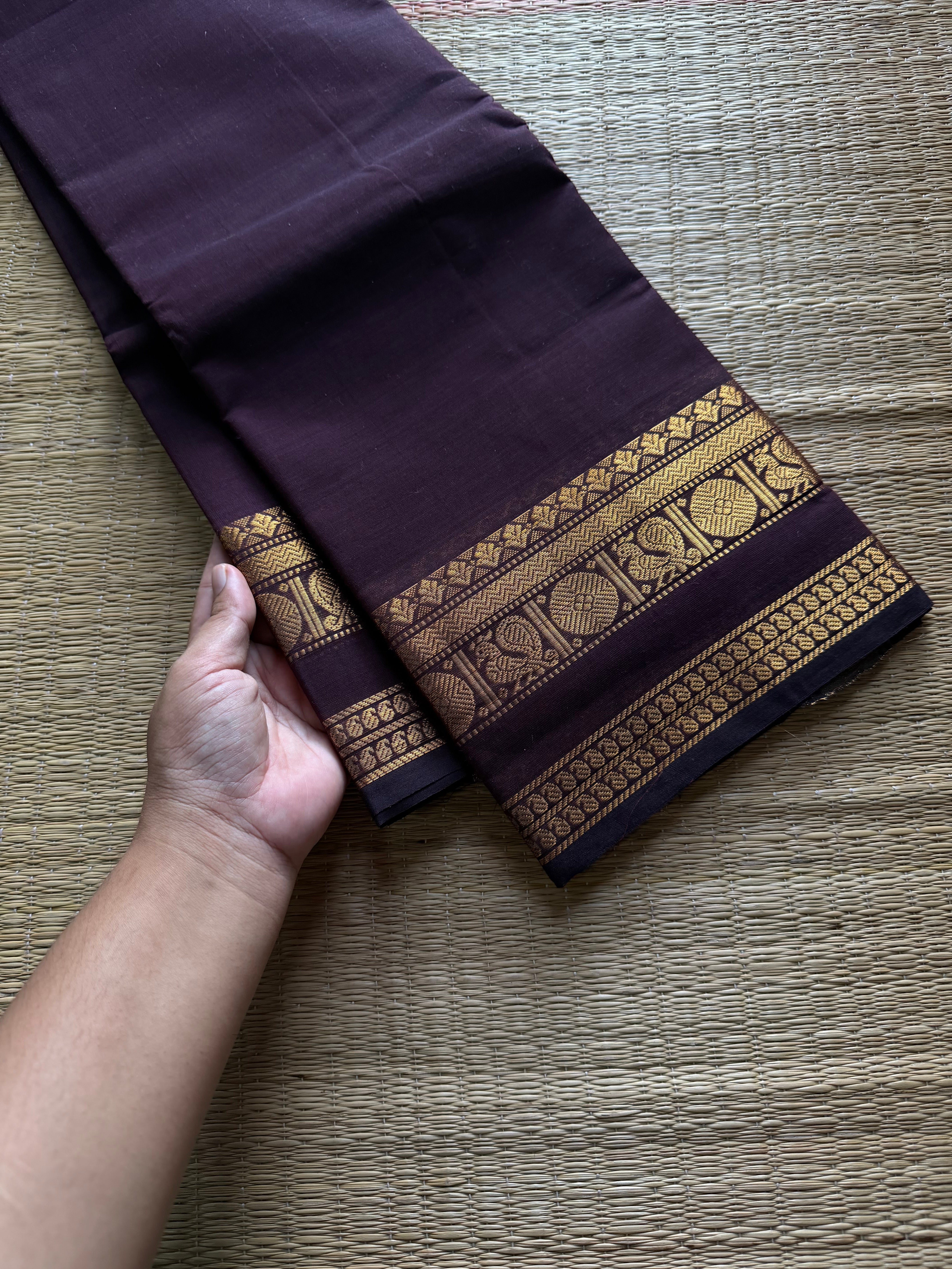 RF713 Monotone deep brown shade Kanchi cotton saree with Annam pattern golden Zari border