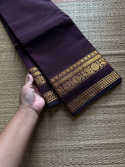RF713 Monotone deep brown shade Kanchi cotton saree with Annam pattern golden Zari border
