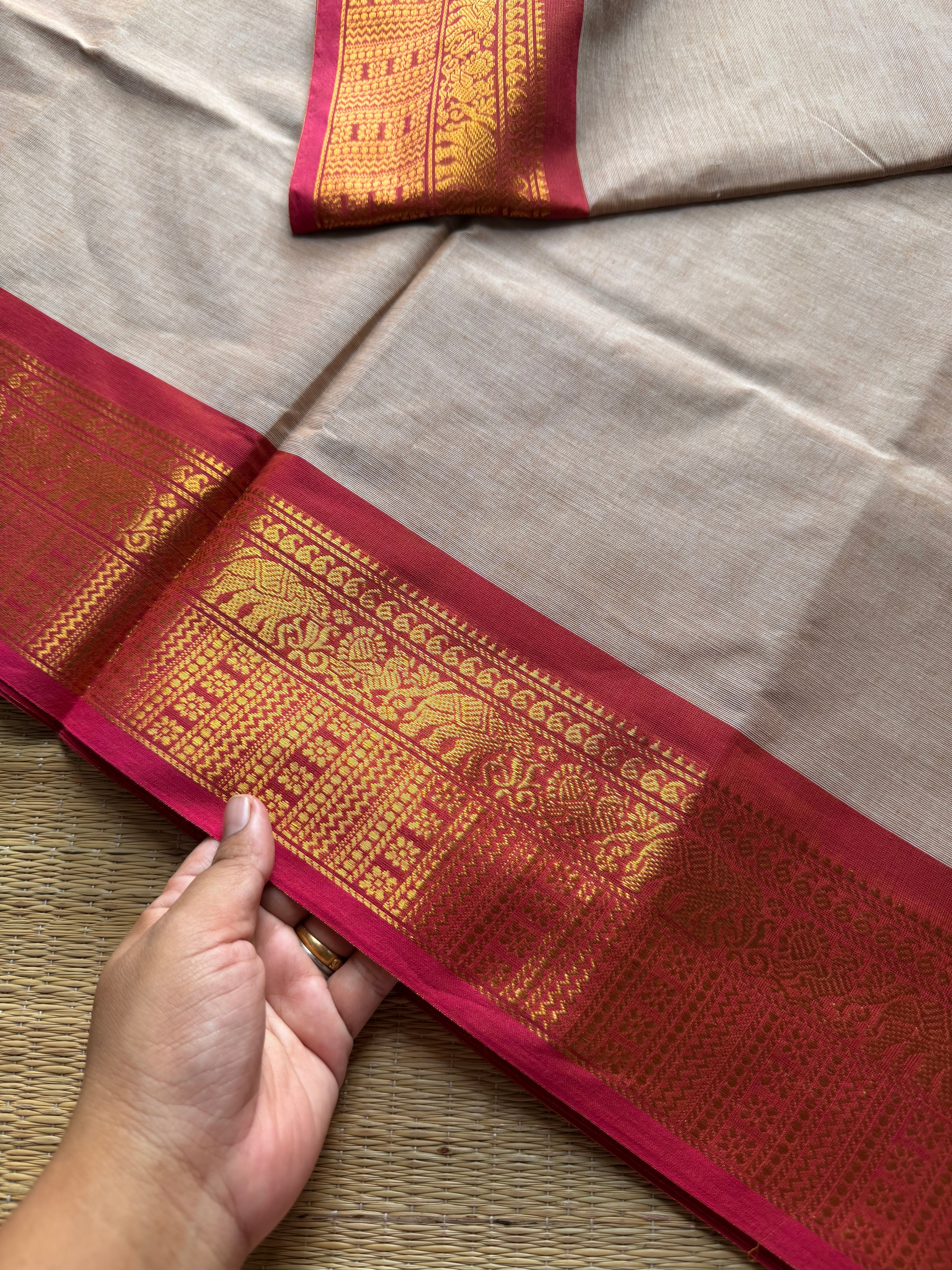 RF1188 Beige with pink combination Kanchi cotton saree ~ Silk saree inspired