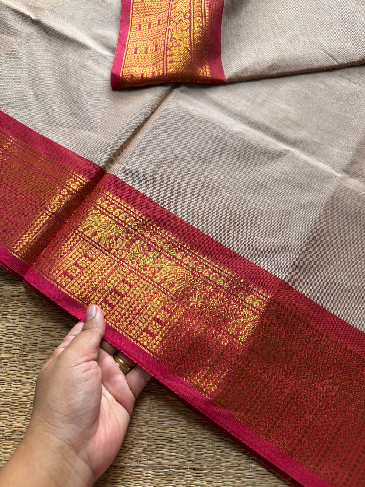 RF1188 Beige with pink combination Kanchi cotton saree ~ Silk saree inspired