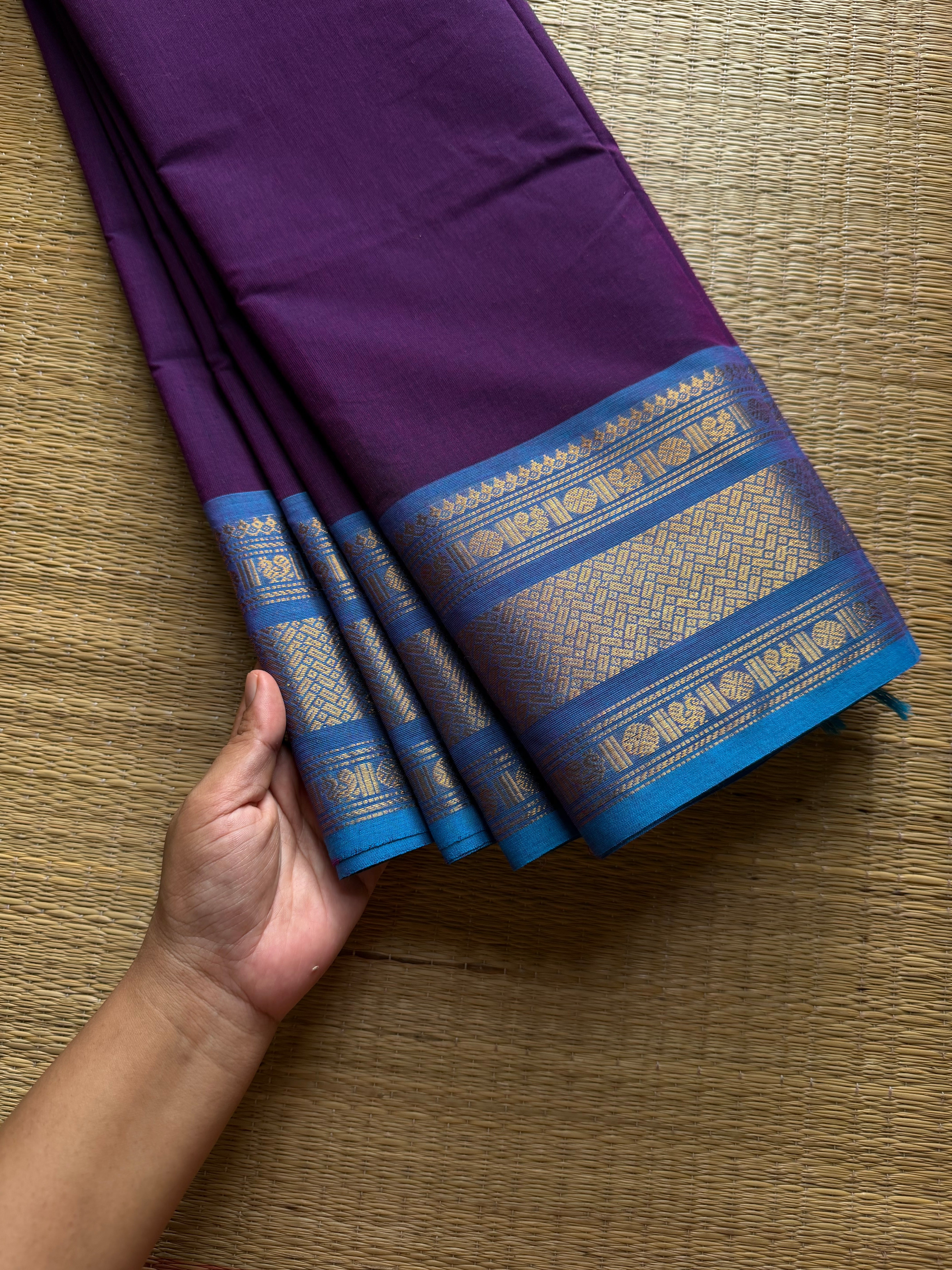 RF879 Silk saree inspired Kanchi cotton saree ~ Purple with sky blue combination