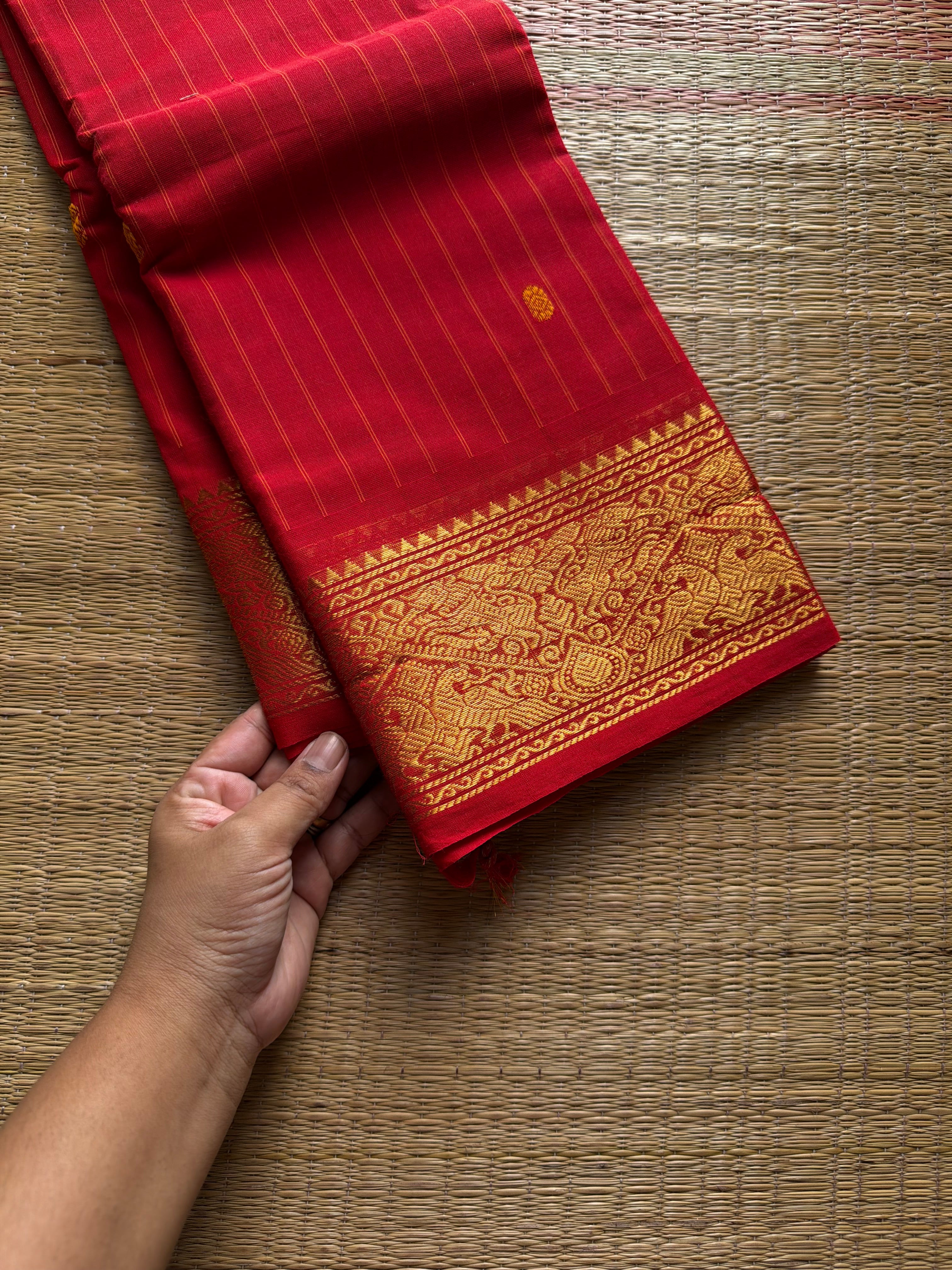 RF1405 Red ~ Vanasingaram border Kanchi cotton saree with handmade thread buttas