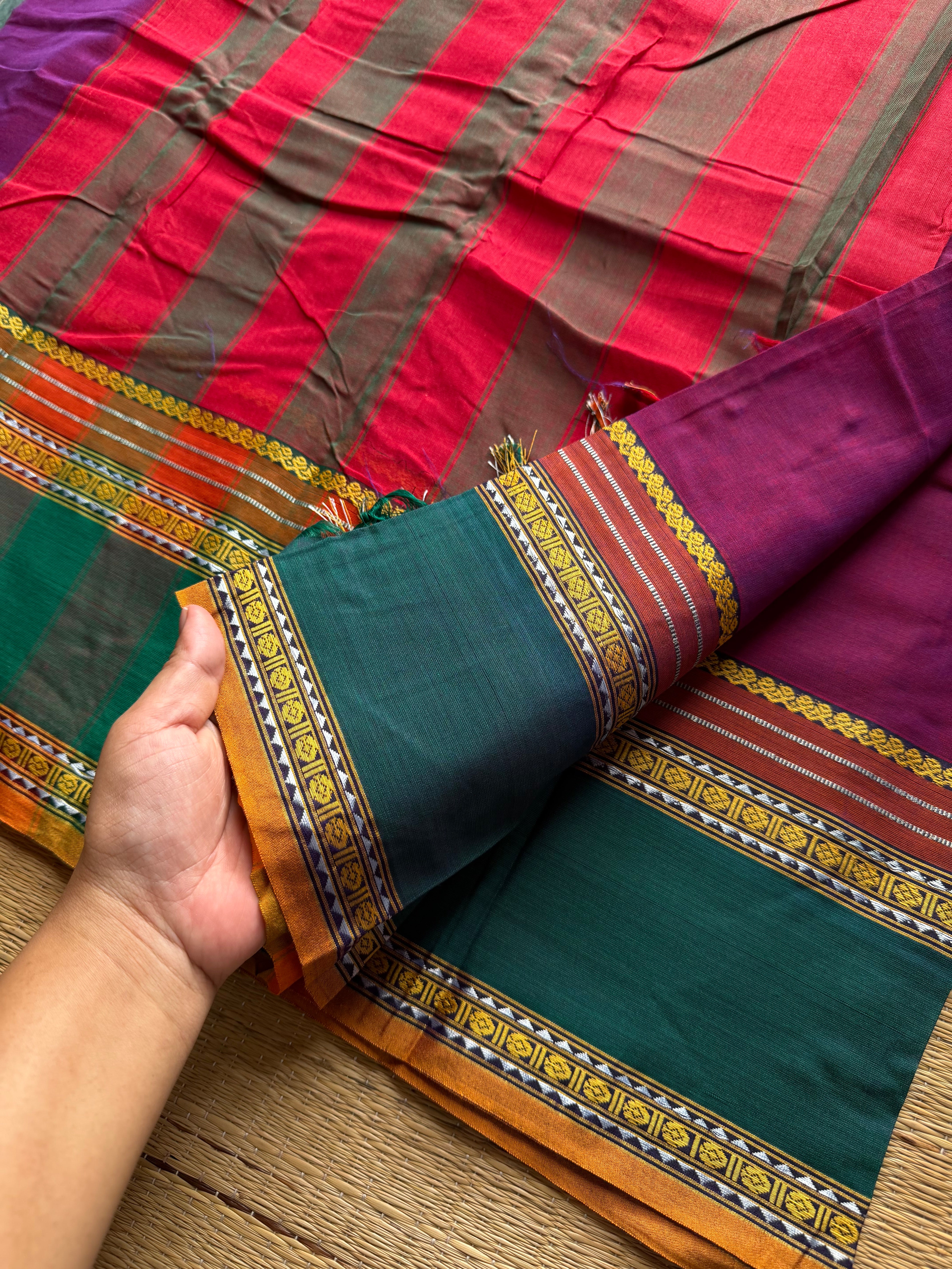 RF489 Magenta pink shade with green combination vintage style gap border mercerised Narayanpet  cotton saree