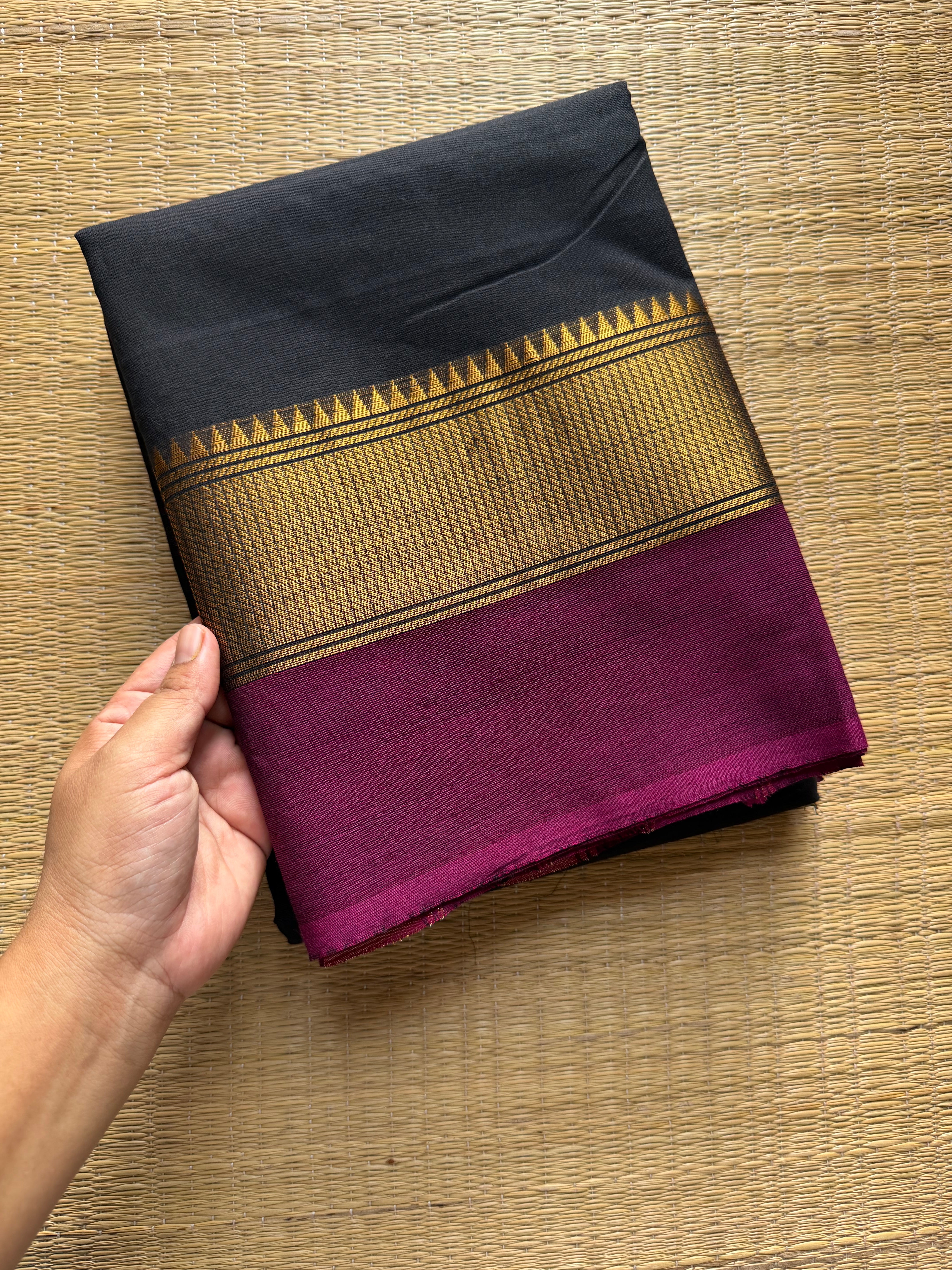 RF279 Black Kanchi Cotton saree with contrast magenta pink border