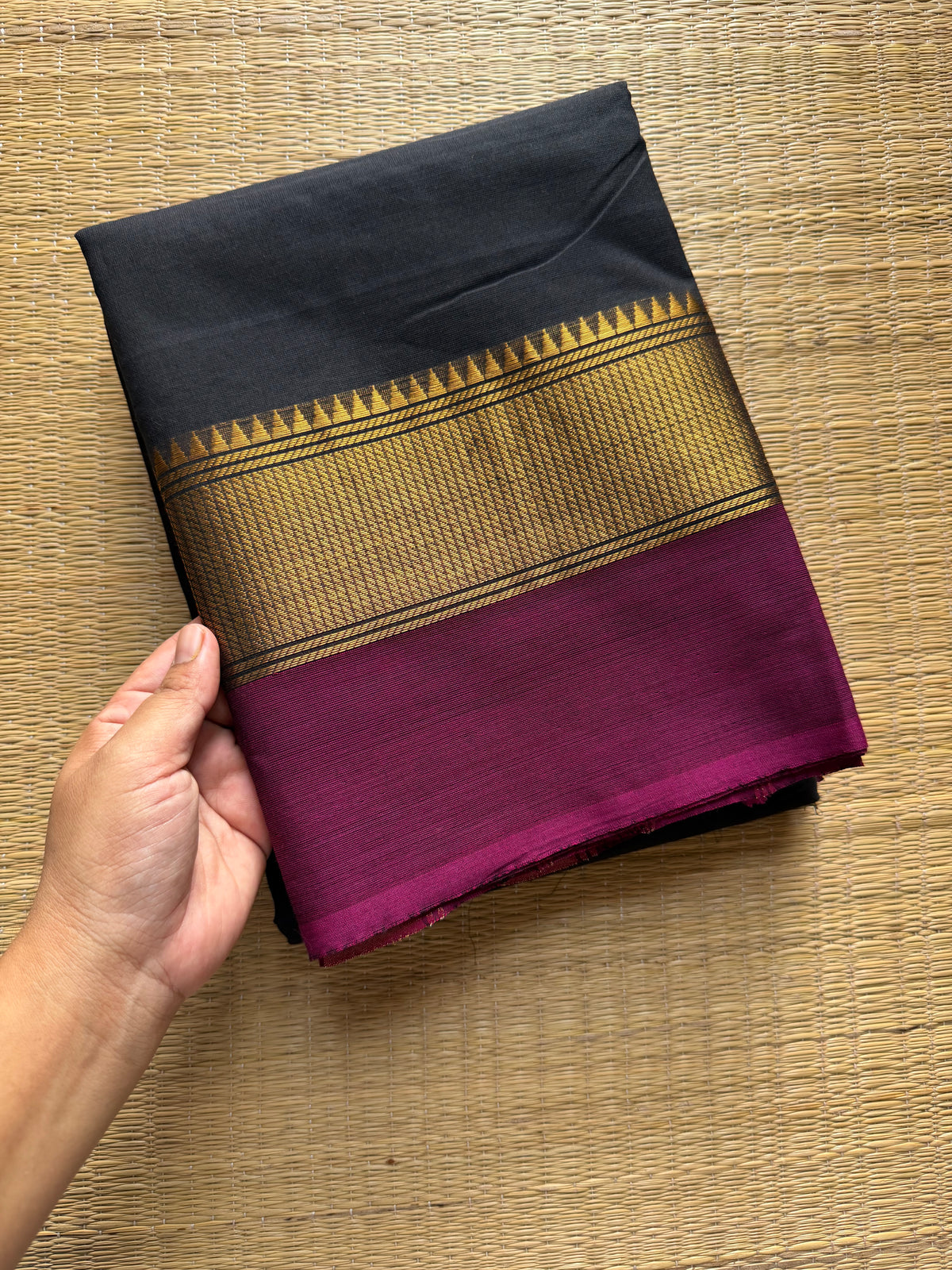 RF279 Black Kanchi Cotton saree with contrast magenta pink border