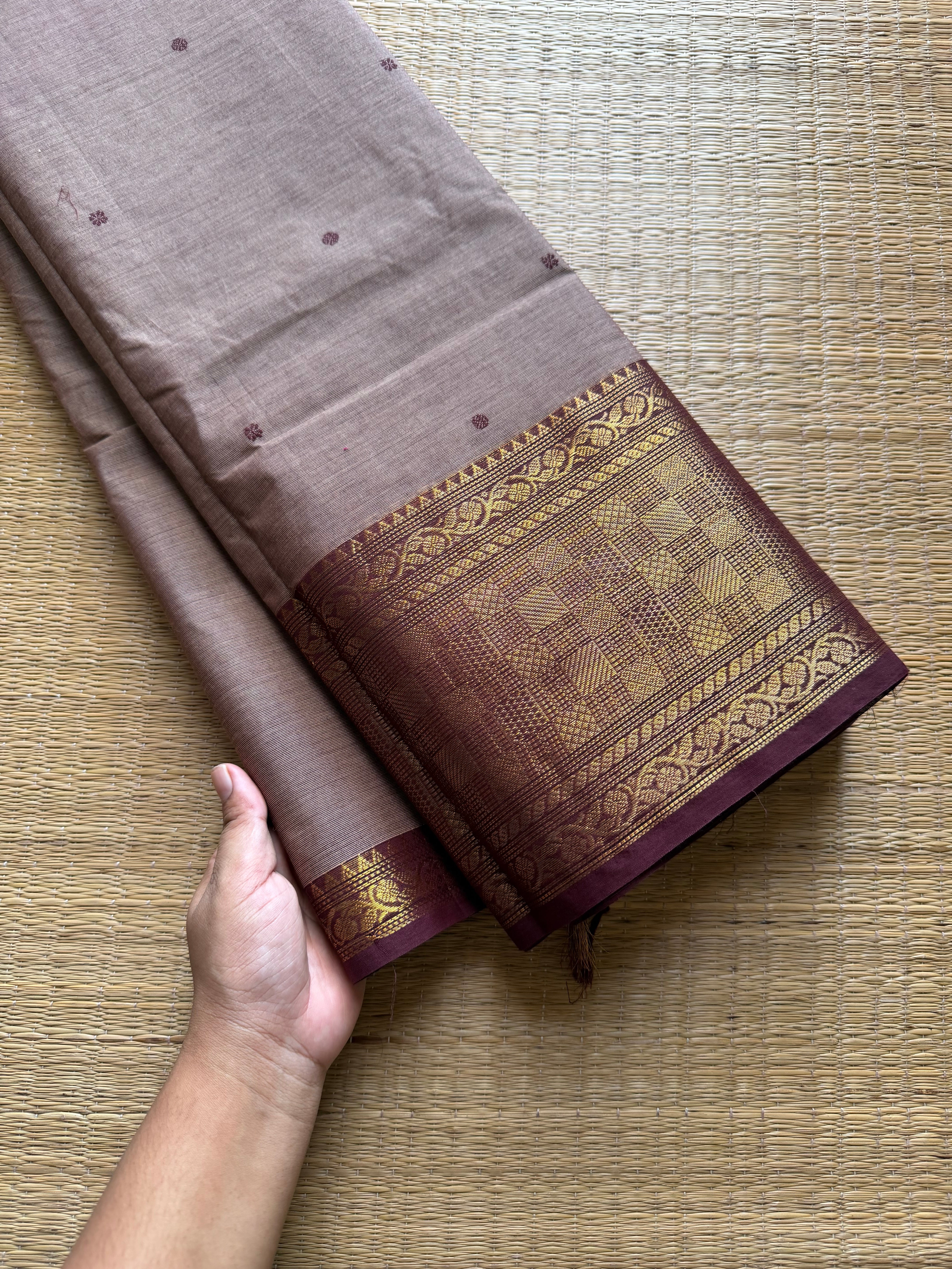 RF656 Dual tone biscuit shade with brown combination Kanchi cotton saree with handmade thread buttas