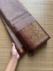 RF656 Dual tone biscuit shade with brown combination Kanchi cotton saree with handmade thread buttas