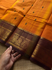 RF855 Orange with brown combination Kanchi cotton saree with handmade thread buttas