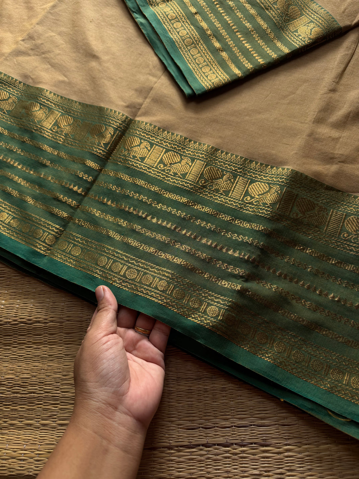 RF1293 Beige with pista green ~ Silk saree inspired Kanchi cotton saree