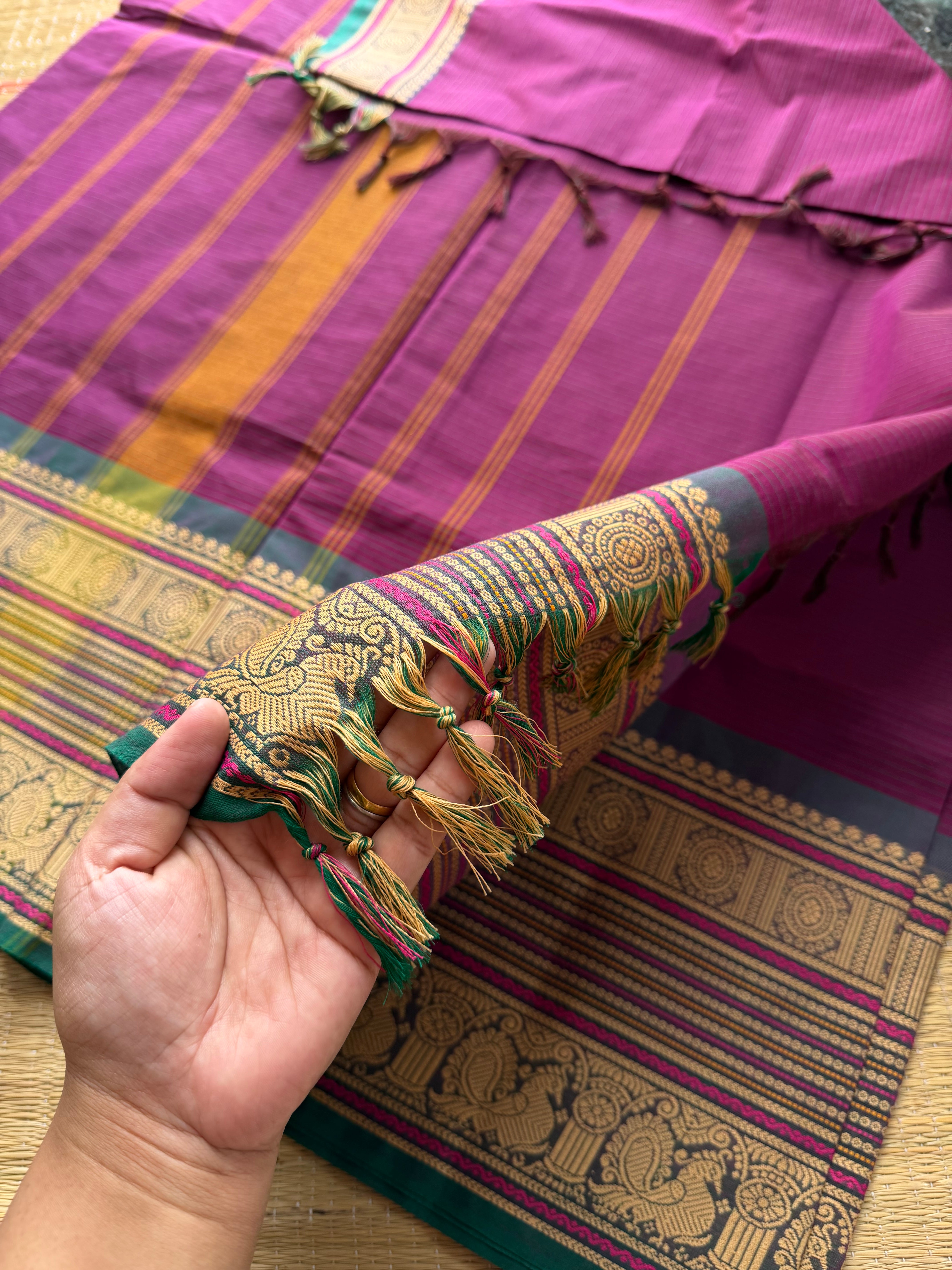 RF440 Magenta with green combination Premium & Soft Kanchi Cotton Saree with intricate horizontal stripped lines
