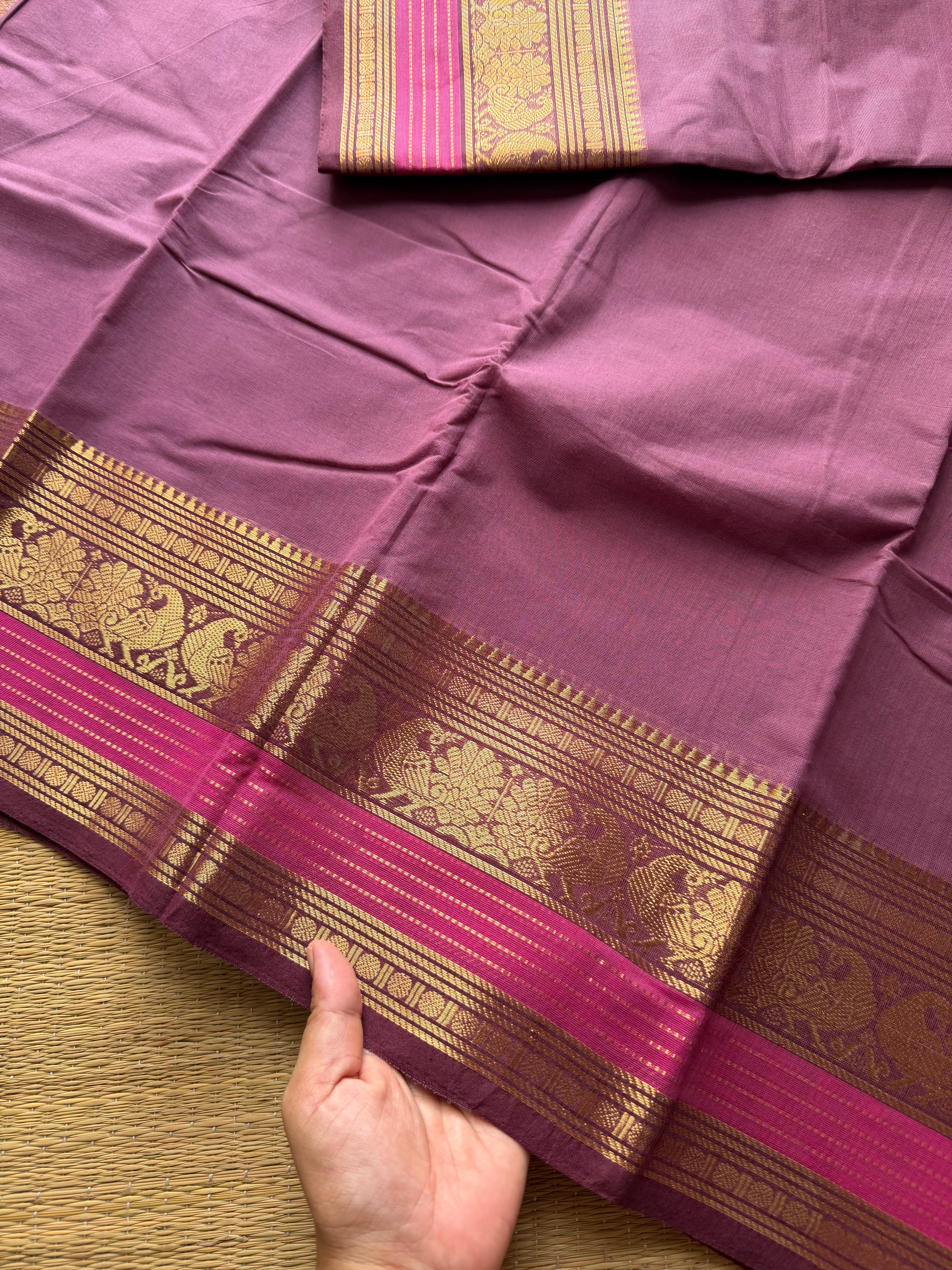 RF401 Onion pink shade Kanchi cotton saree with silk saree inspired Zari border