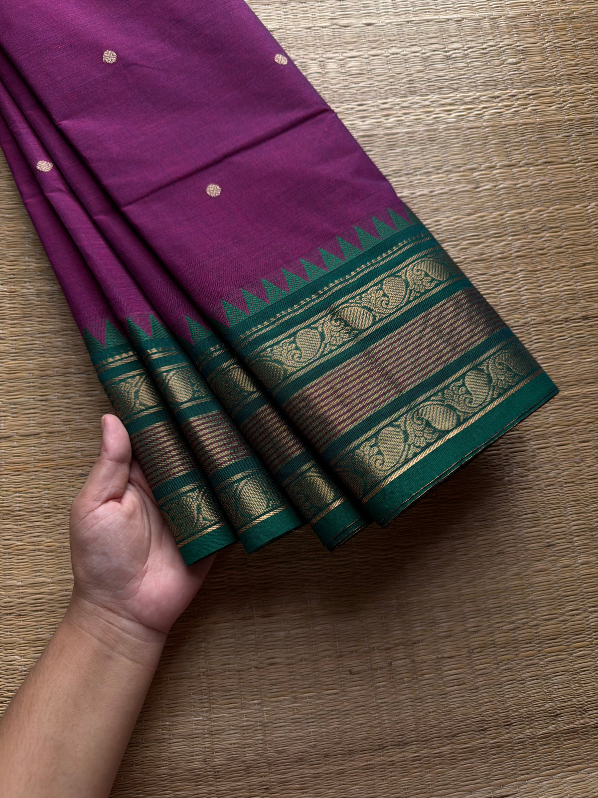RF801 Magenta pink with green combination Kanchi cotton saree with handmade thread buttas