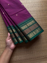 RF801 Magenta pink with green combination Kanchi cotton saree with handmade thread buttas