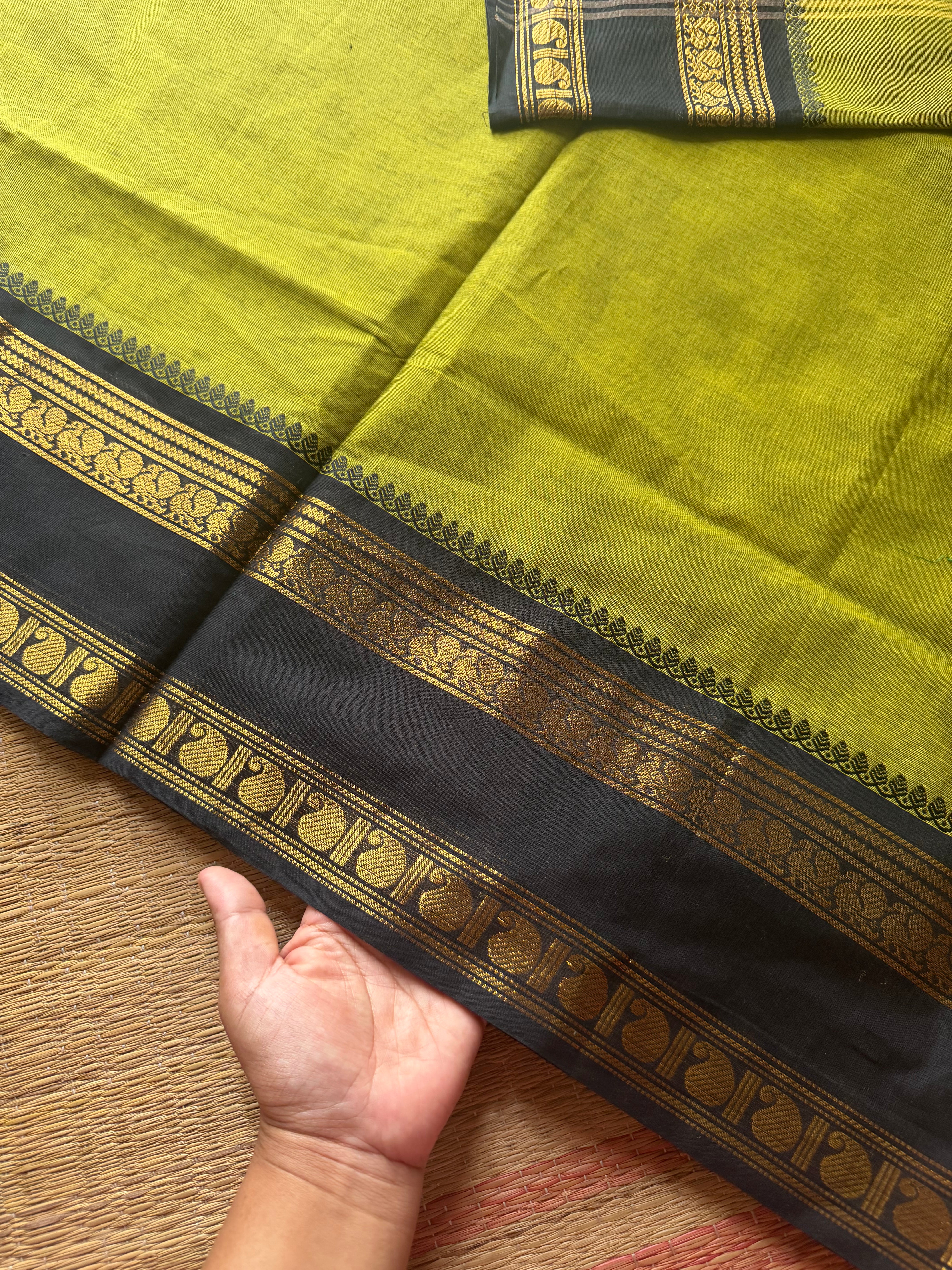 RF512 Green with black combination Kanchi cotton saree With Annam & mango Pattern Gap Border