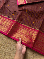 Arakku shade Podikattam / small checks Kanchi cotton saree with handmade thread buttas