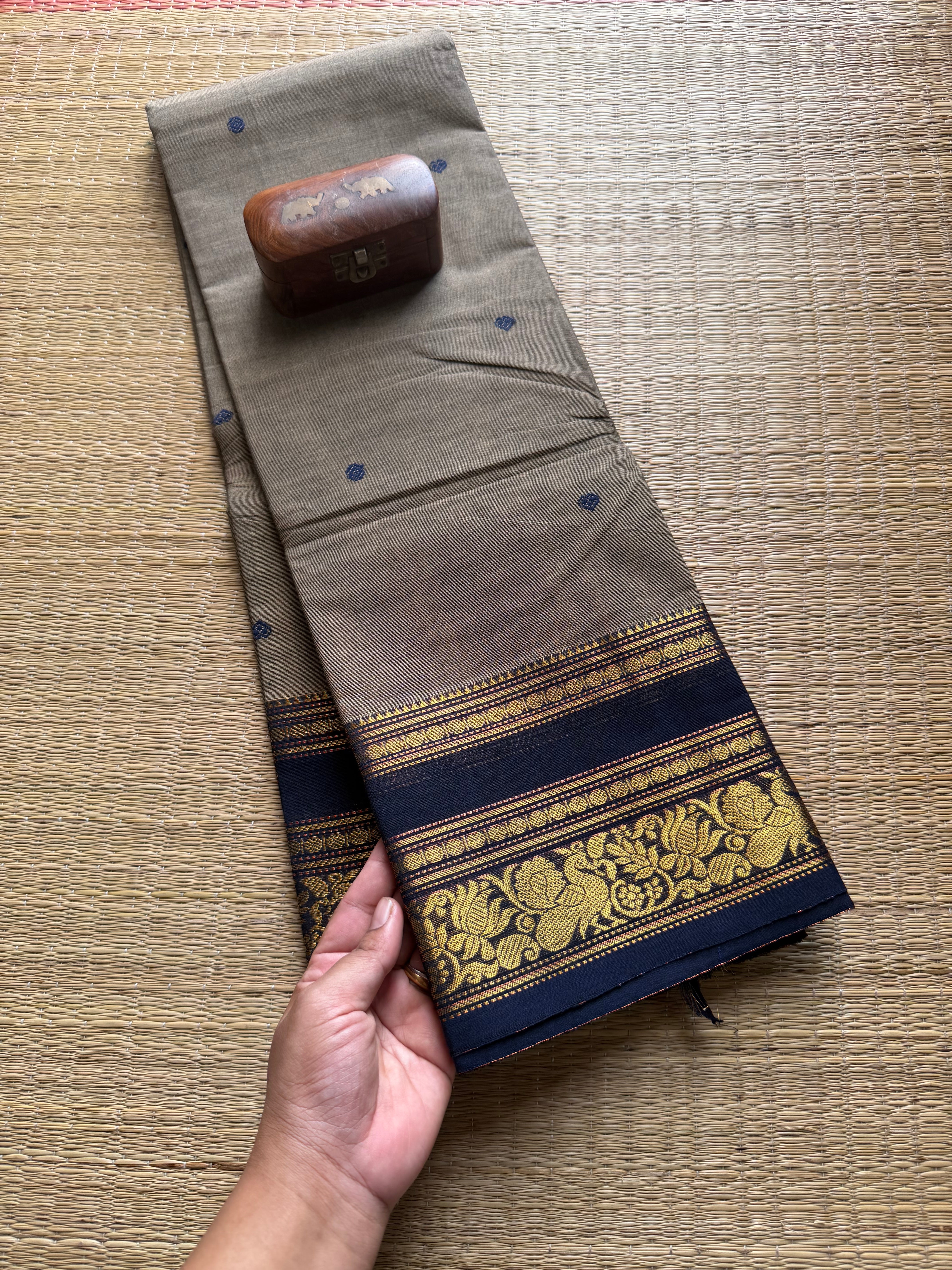 Grey Kanchi Cotton Saree With Handmade Thread Buttas