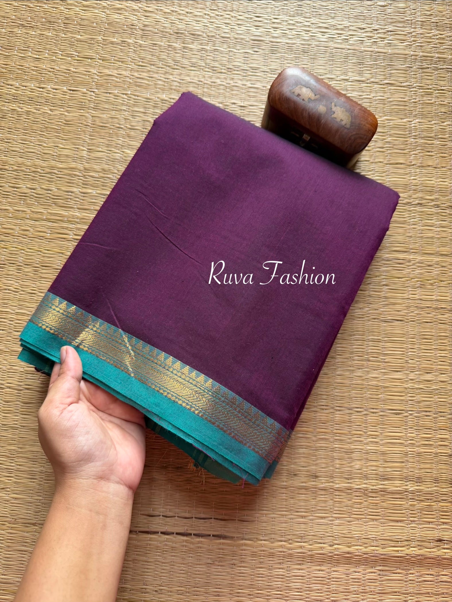 RF85 Purple with blue combination small Zari border Kanchi cotton saree