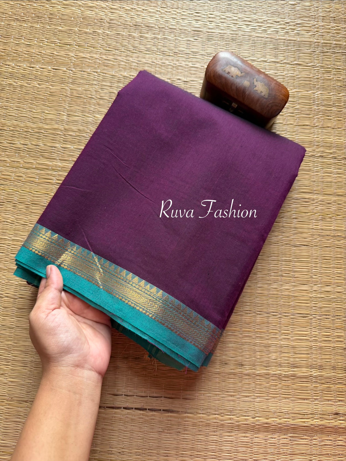 RF85 Purple with blue combination small Zari border Kanchi cotton saree