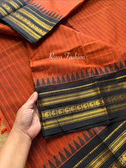 RF59 Rust Orange shade with contrast black Zari Border Kanchi cotton saree with striped pattern