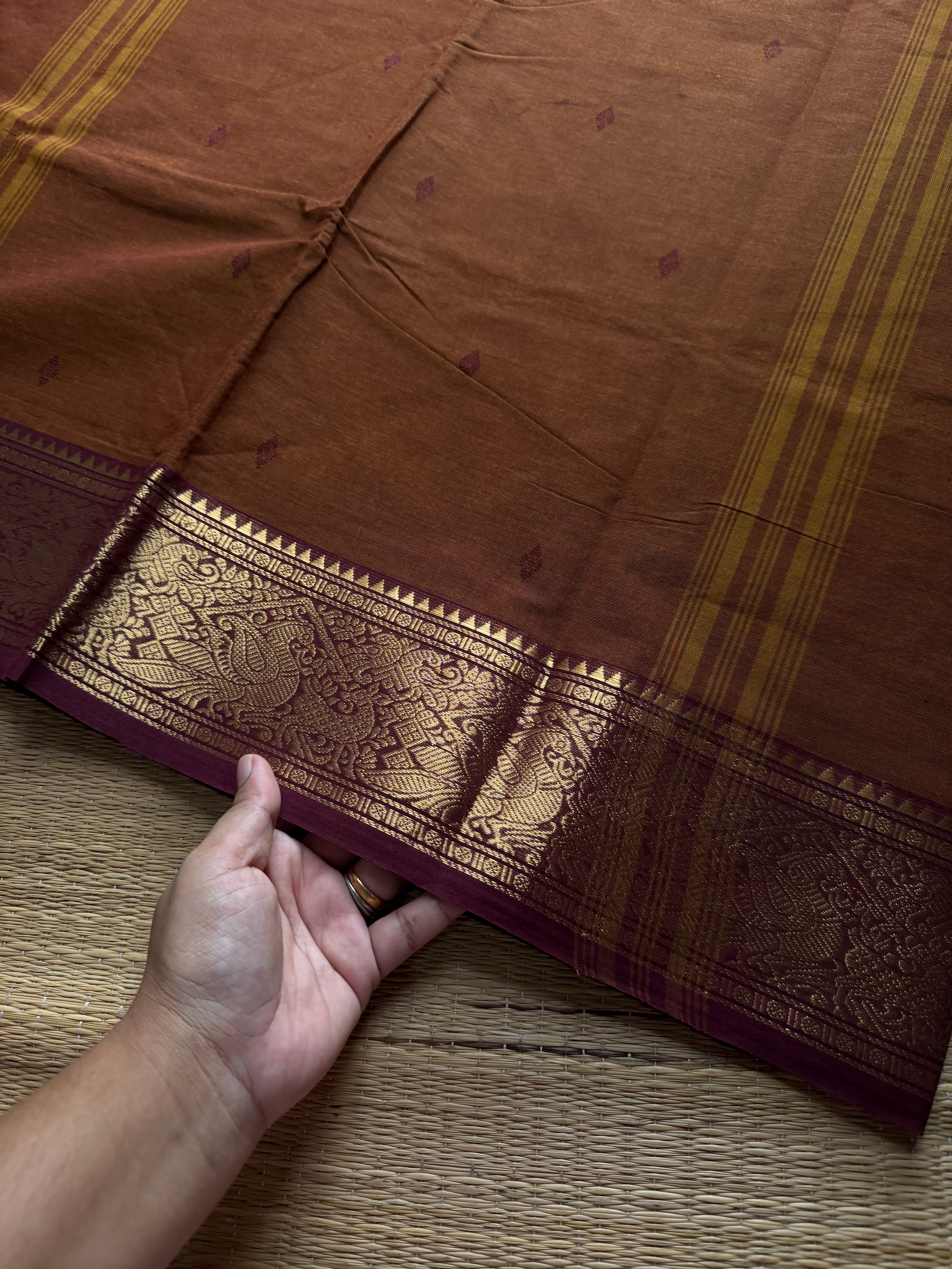 RF798 Honey With brown combination Kanchi cotton saree with Vanasingaram pattern border & handmade thread buttas