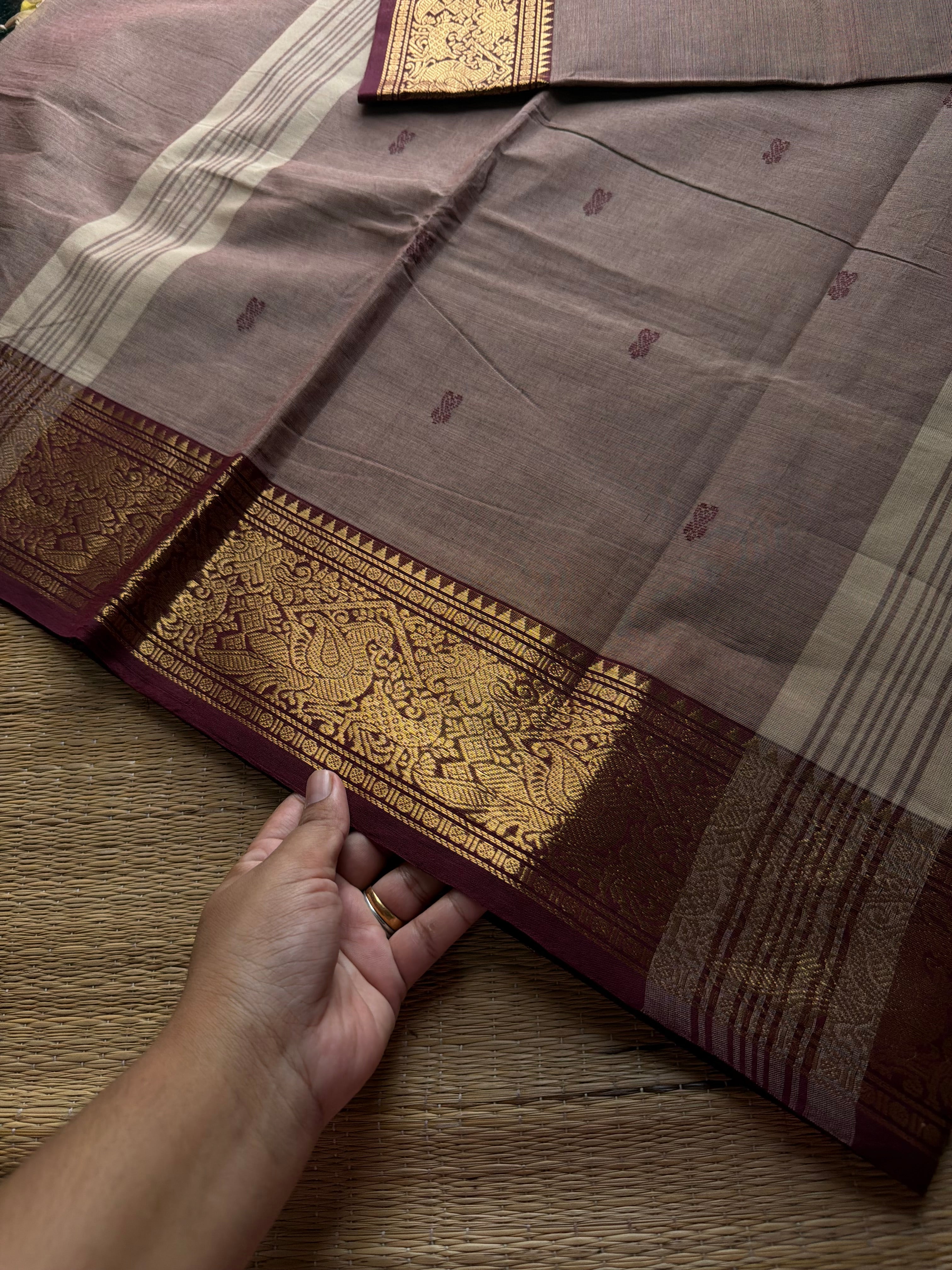 RF799 Biscuit with brown combination Kanchi cotton saree with Vanasingaram border & handmade thread buttas