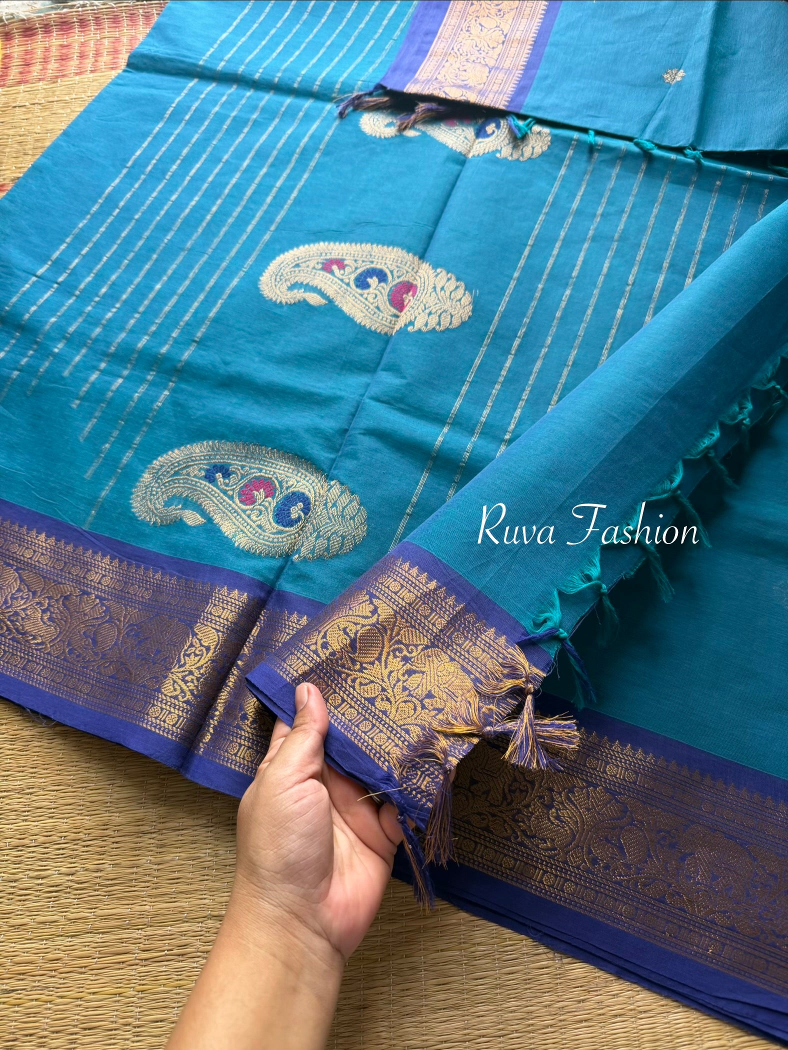 Peacock blue with royal blue shade Premium 120 count  Kanchi Cotton Saree With Unique Vanasingaram Border and simple zari woven mango Motif Pallu