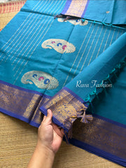 Peacock blue with royal blue shade Premium 120 count  Kanchi Cotton Saree With Unique Vanasingaram Border and simple zari woven mango Motif Pallu