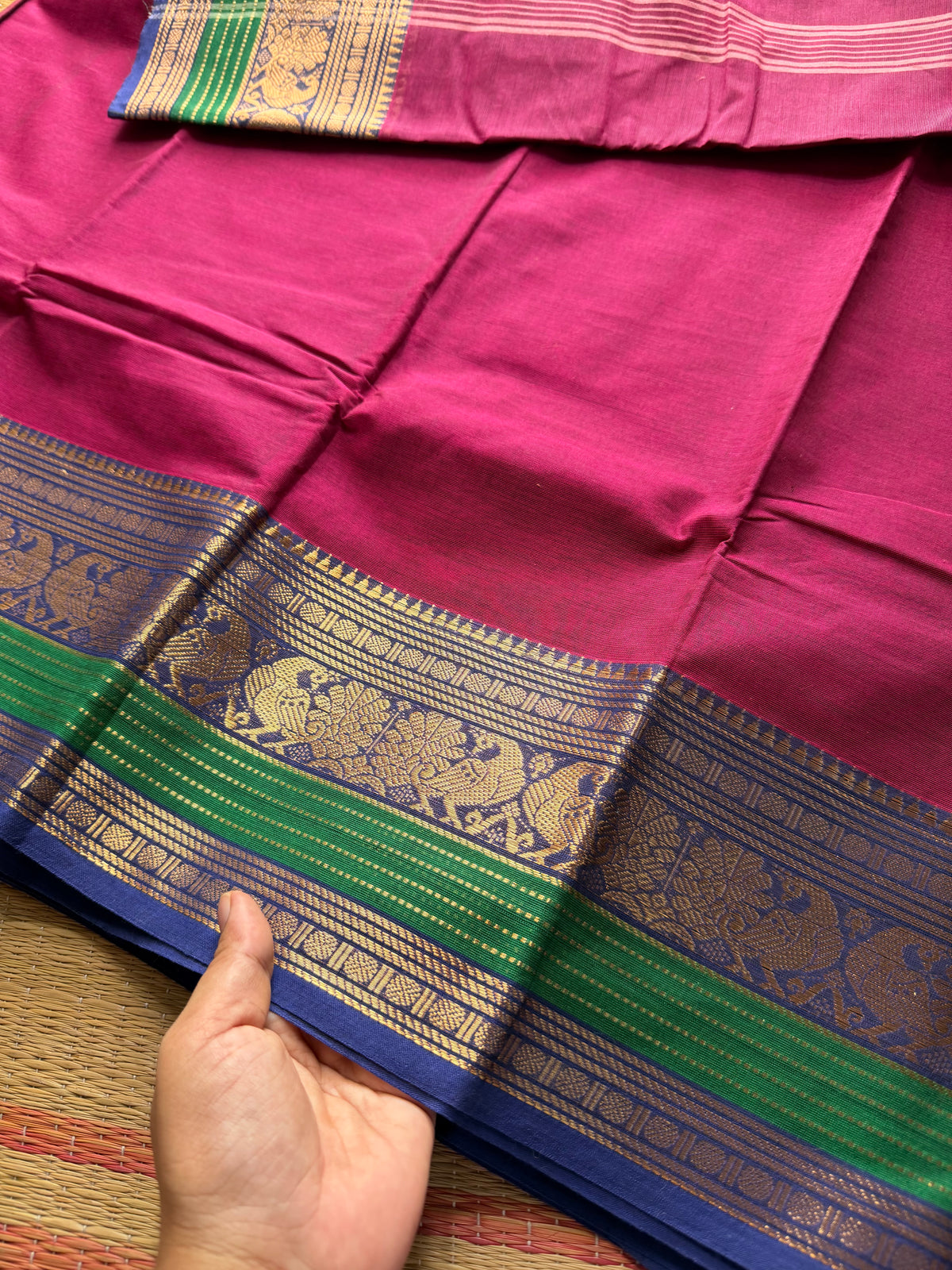 RF254 Magenta pink with royal blue contrast border Kanchi cotton saree with unique peacock pattern varisaipet border