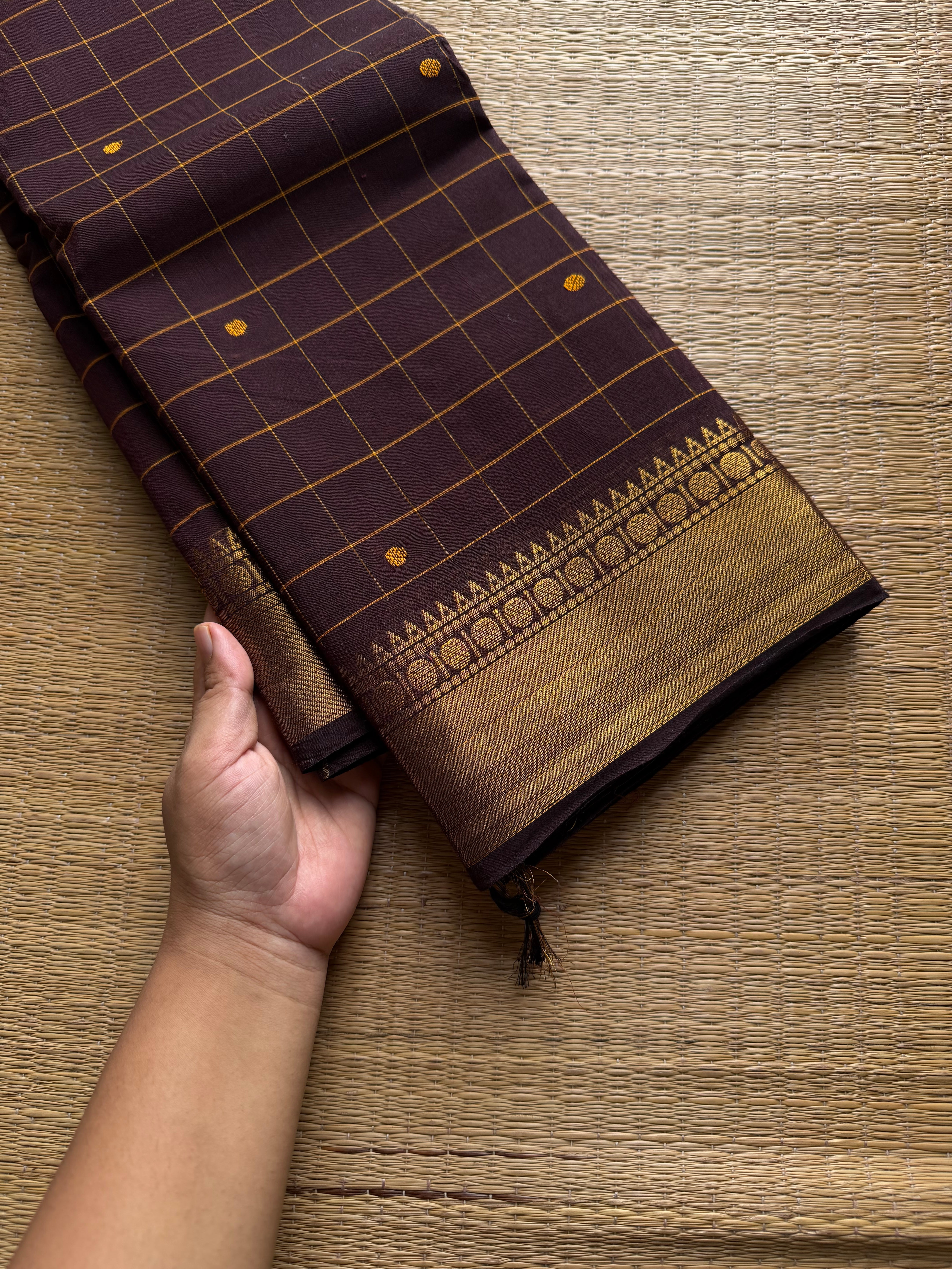 RF1036 Monotone Deep Coffee Brown ~ Kanchi Cotton Kattam / Checks pattern saree with handmade thread buttas