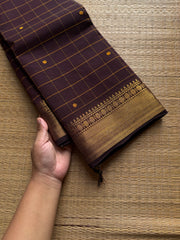 RF1036 Monotone Deep Coffee Brown ~ Kanchi Cotton Kattam / Checks pattern saree with handmade thread buttas