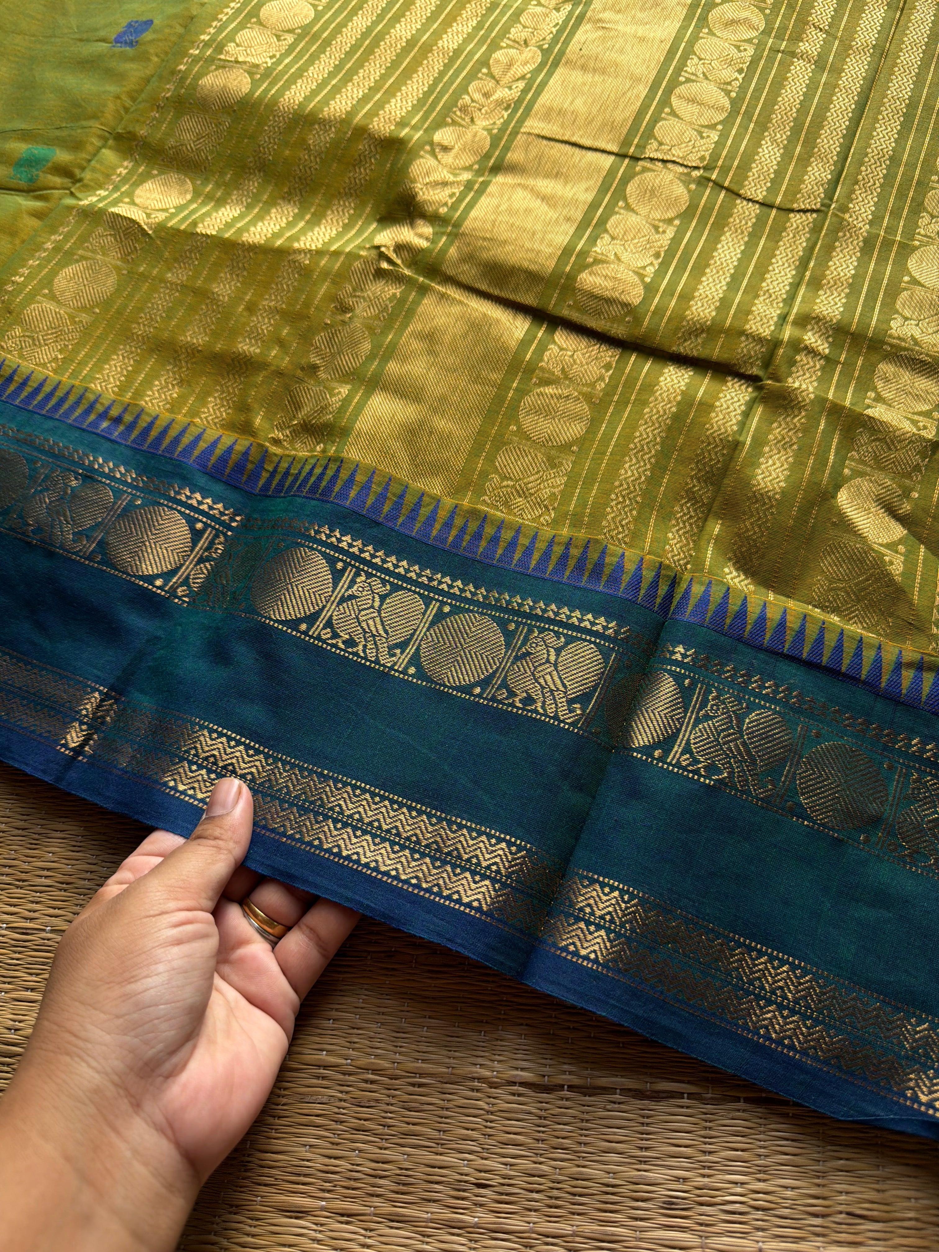 RF1394 Dual tone green ~ Premium Rich Pallu Kanchi cotton saree with Annam pattern gap border