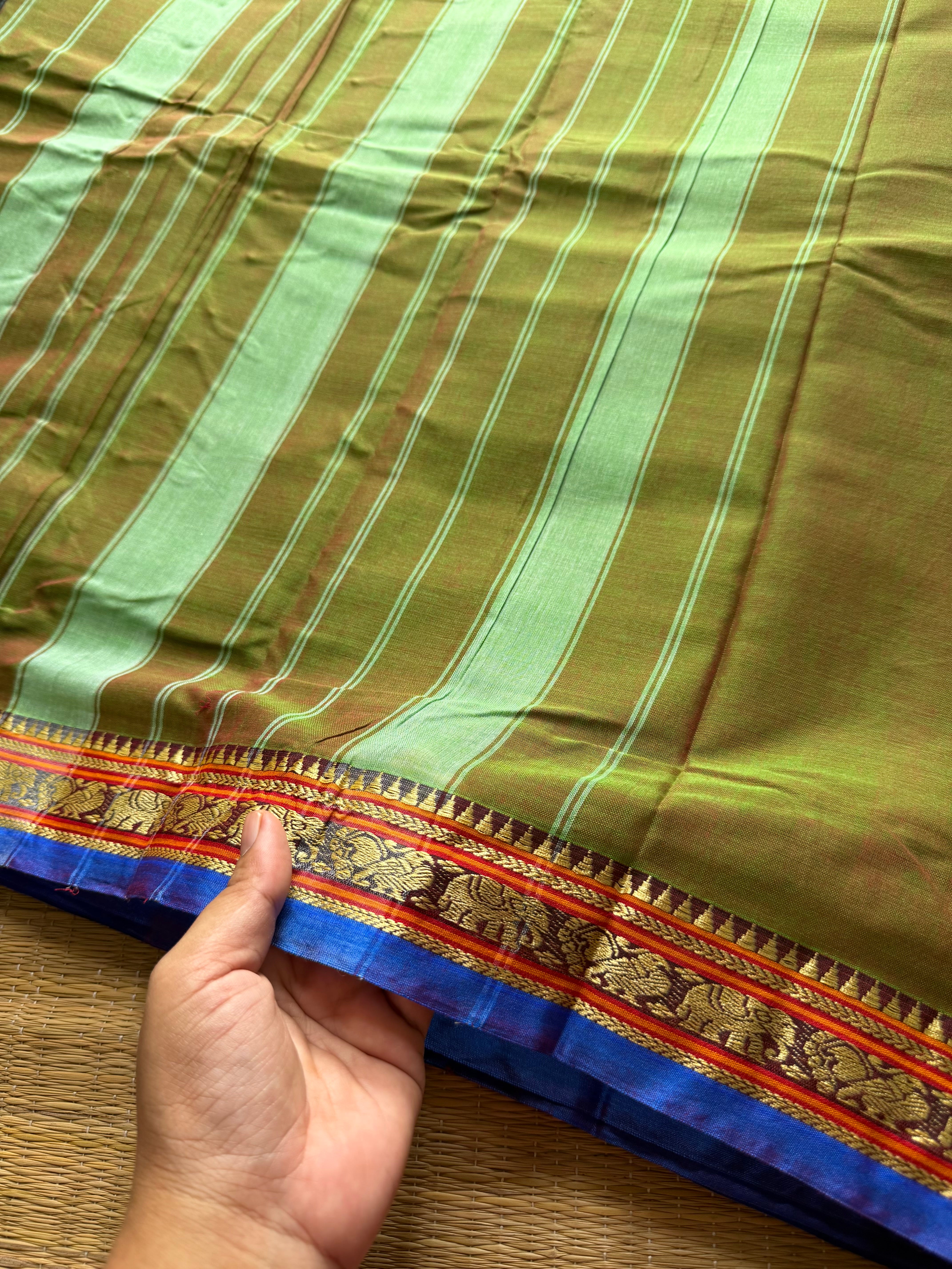 RF321 Dual tone Olive Green Shade Mercerised Narayanpet Cotton Saree With Small Annam and elephant pattern border