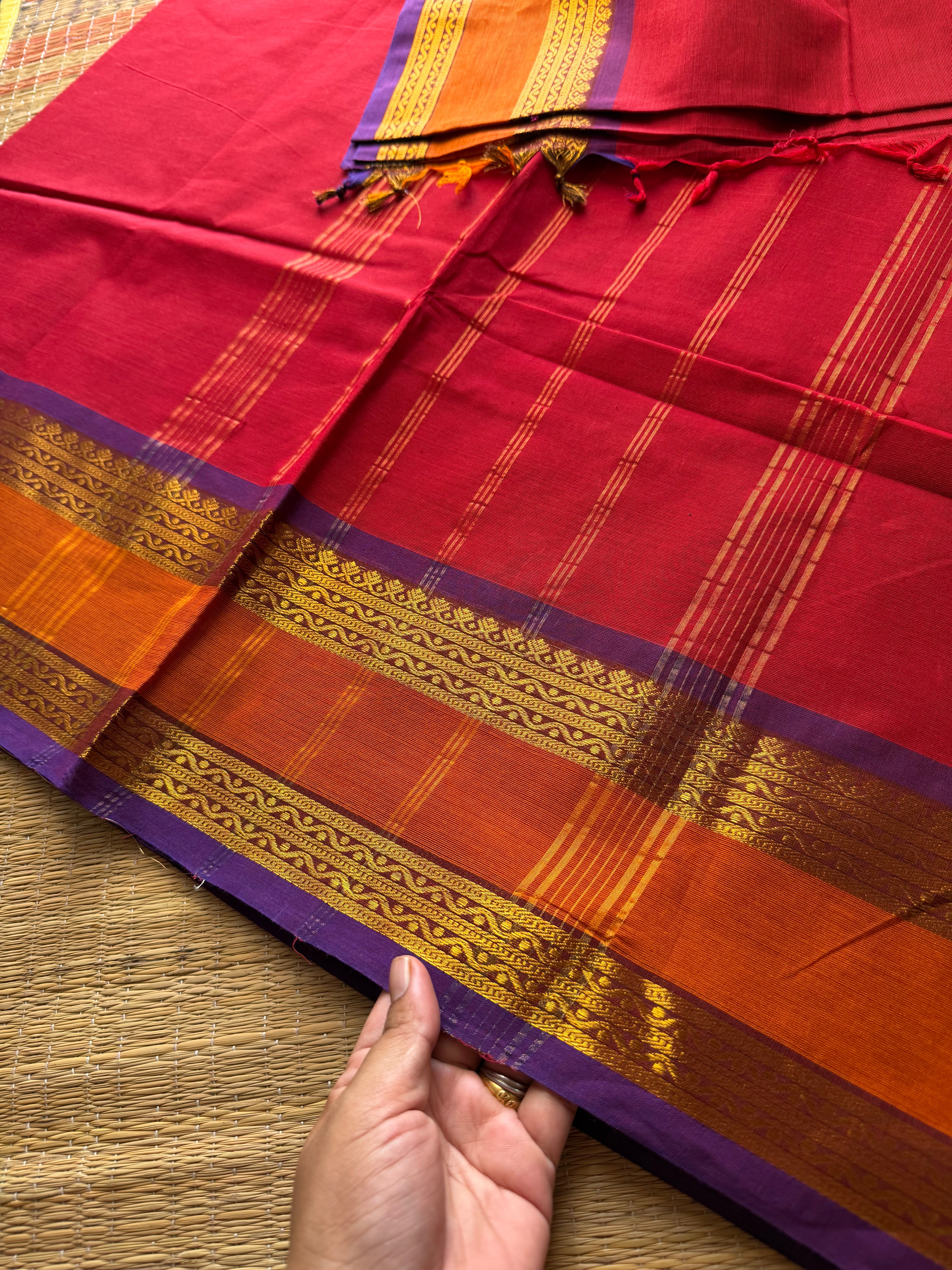 RF620 Reddish maroon  with purple and orange dual combination gap border Kanchi cotton saree