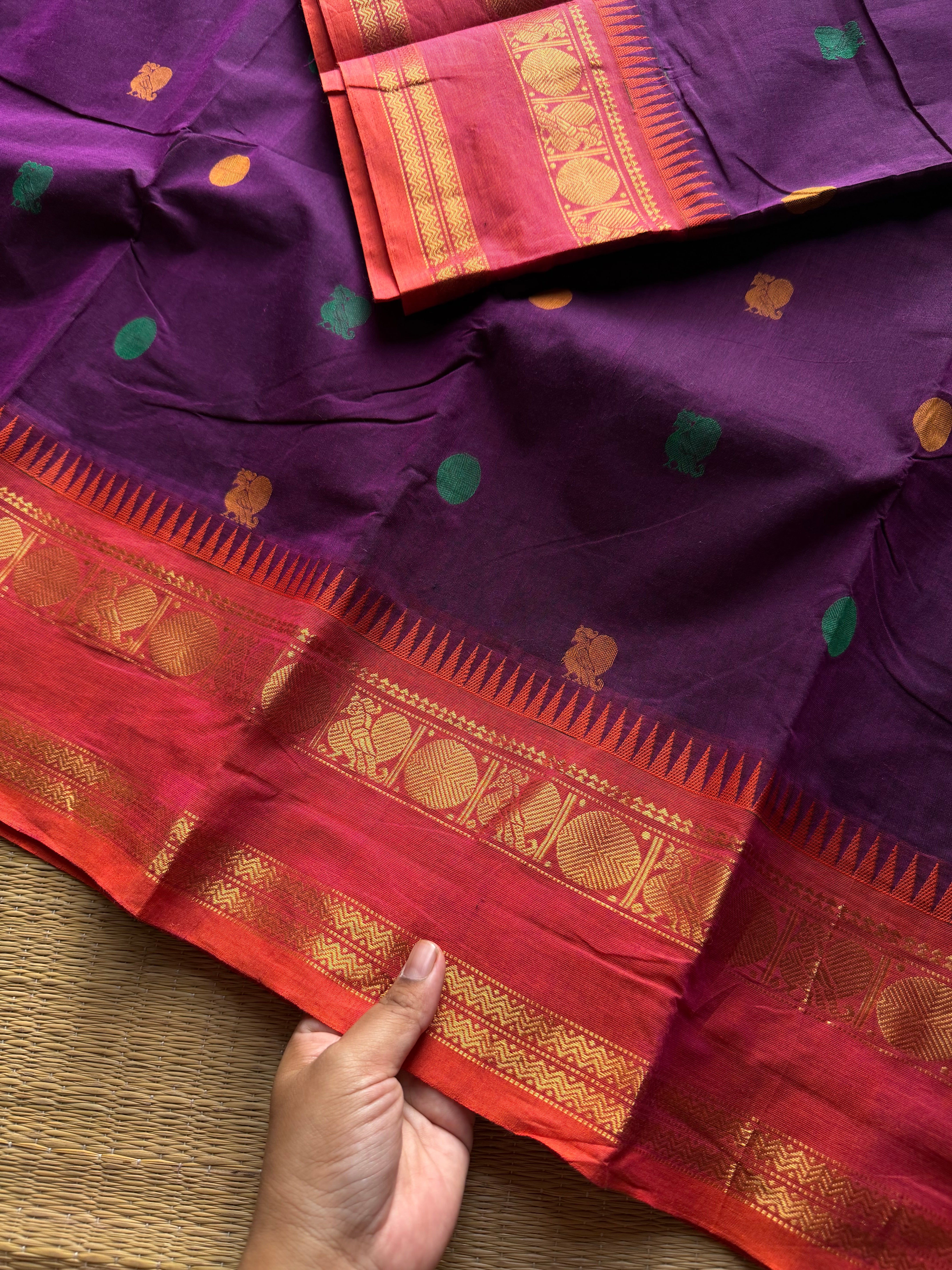 RF1393 Purple ~ Premium Rich Pallu Kanchi cotton saree with Annam pattern gap border