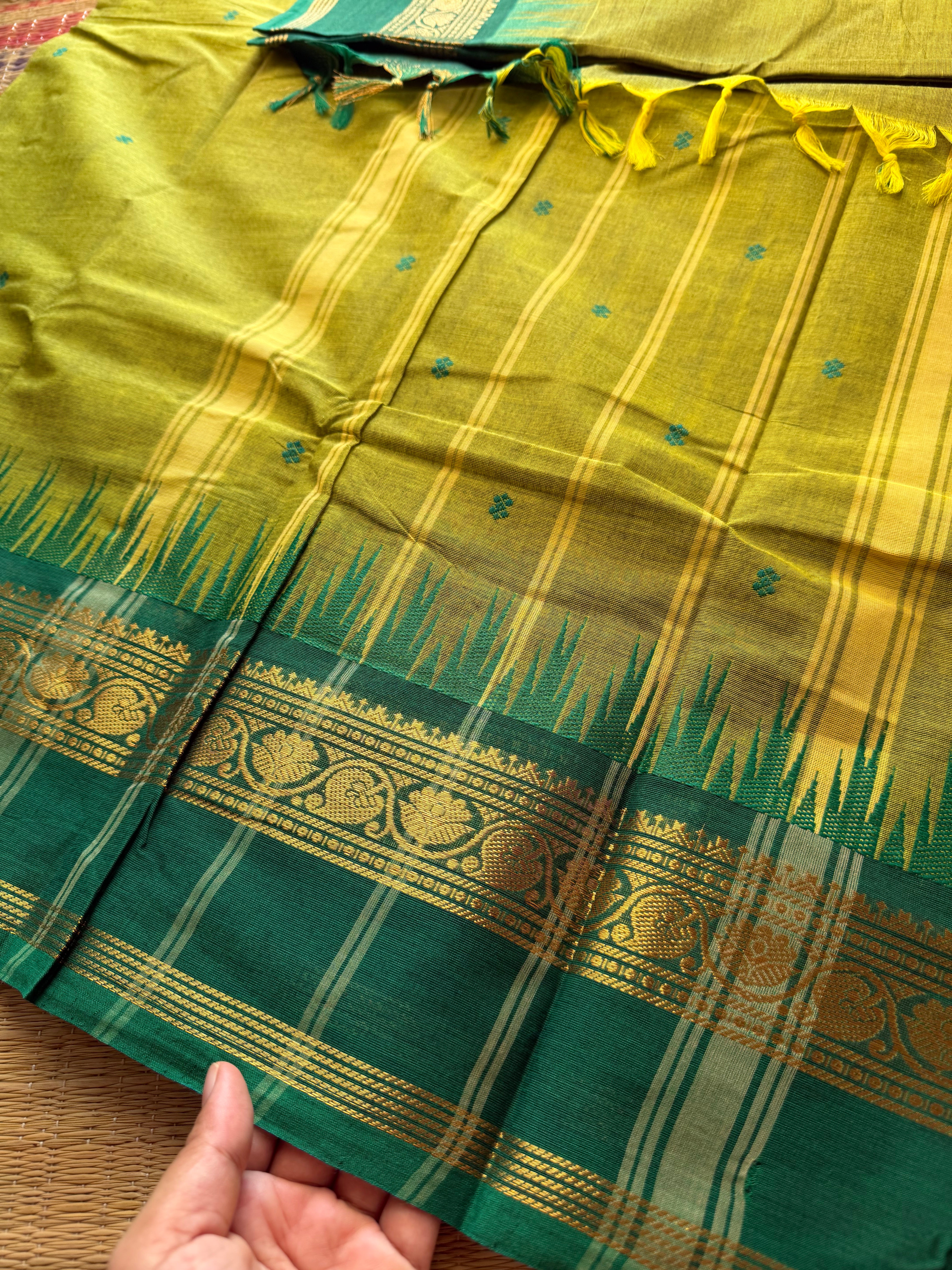 RF325 Green with dark green combination Thazhampoo pattern Kanchi cotton saree with handmade thread buttas