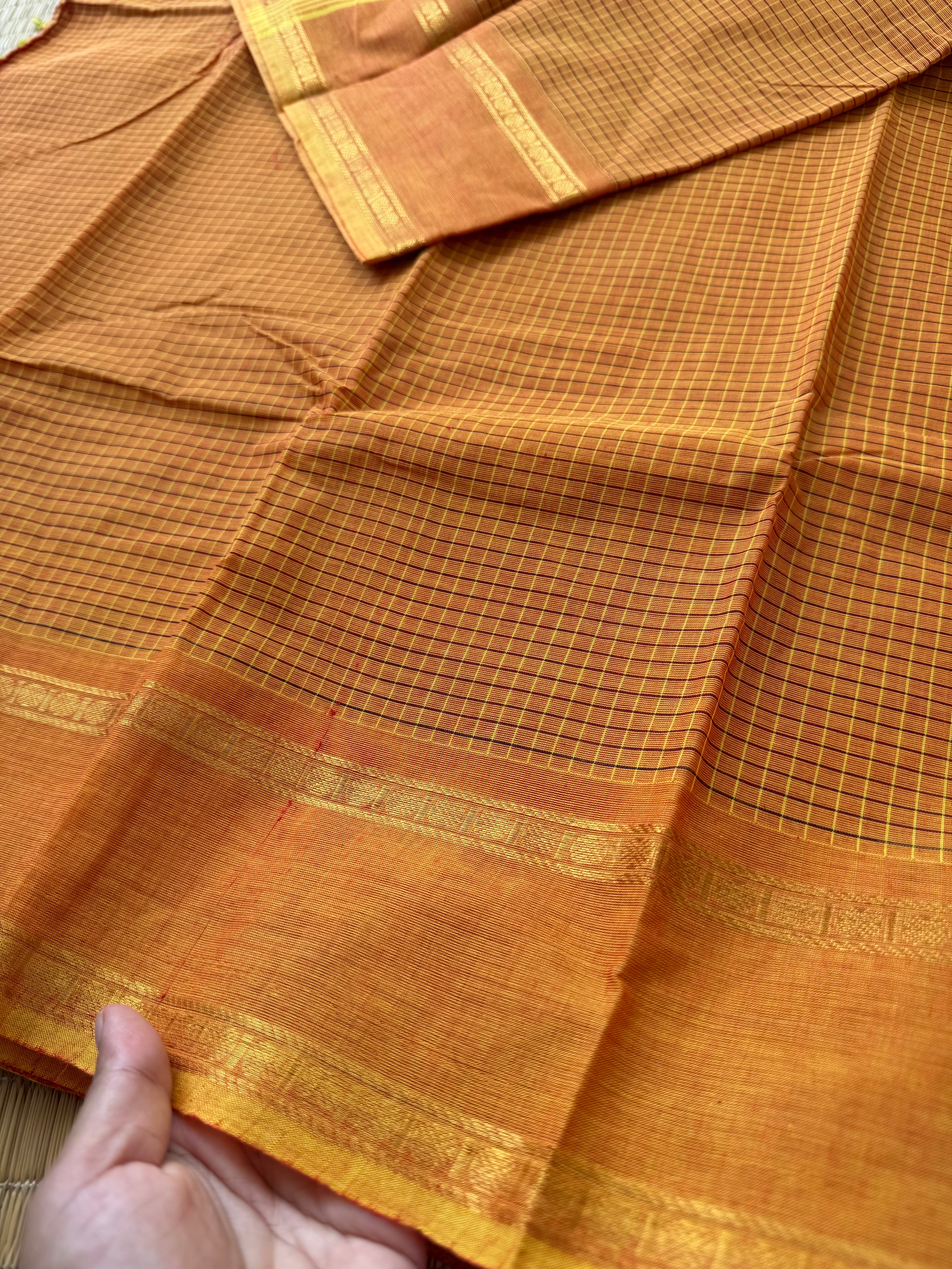 RF151 Monotone Mango Yellow Dual Shade Vintage Rettapet Border Podi Kattam / small checks Kanchi cotton saree