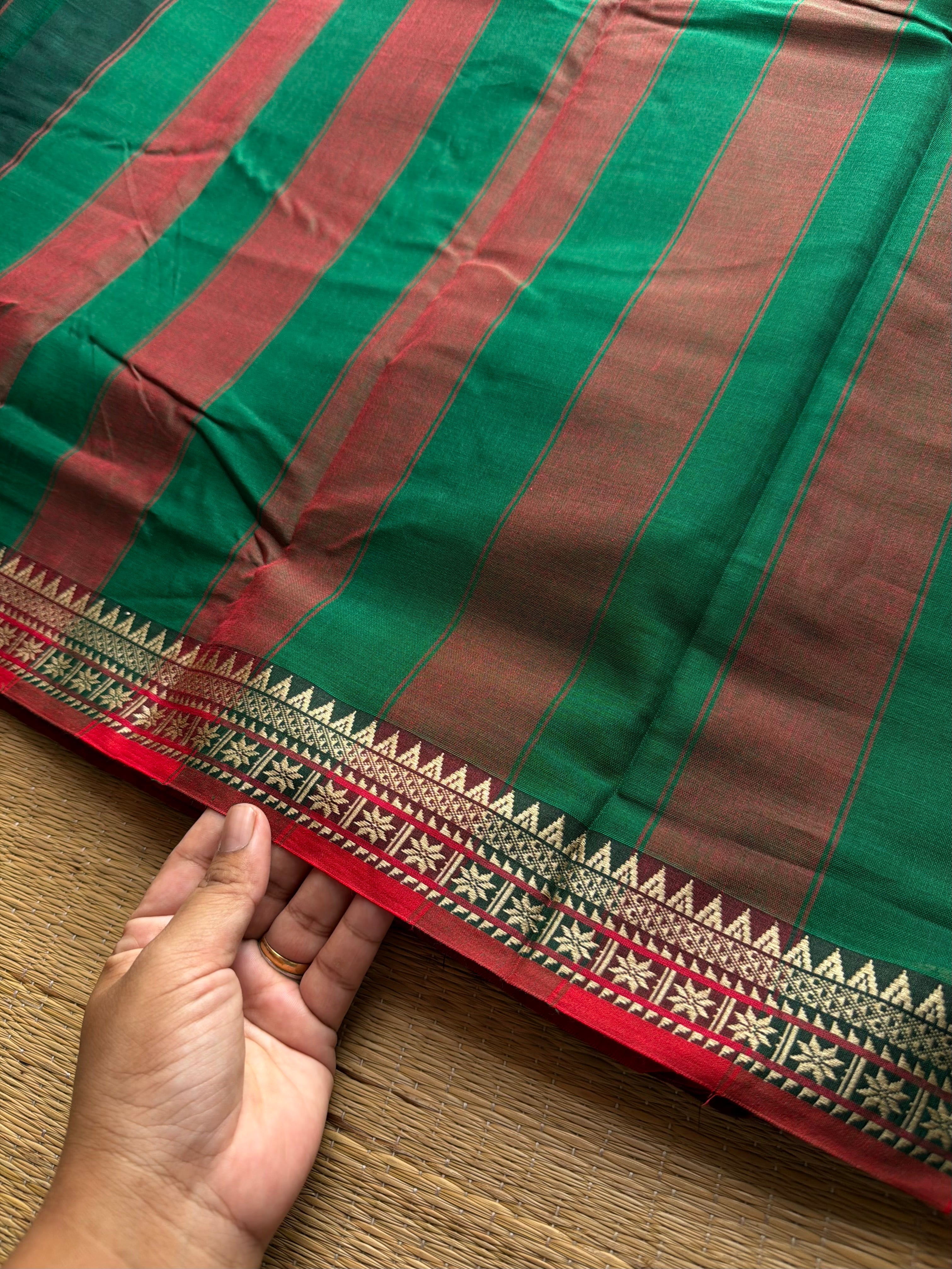 RF933 Bottle green ~ Mercerised Narayanpet soft cotton saree with small thread border