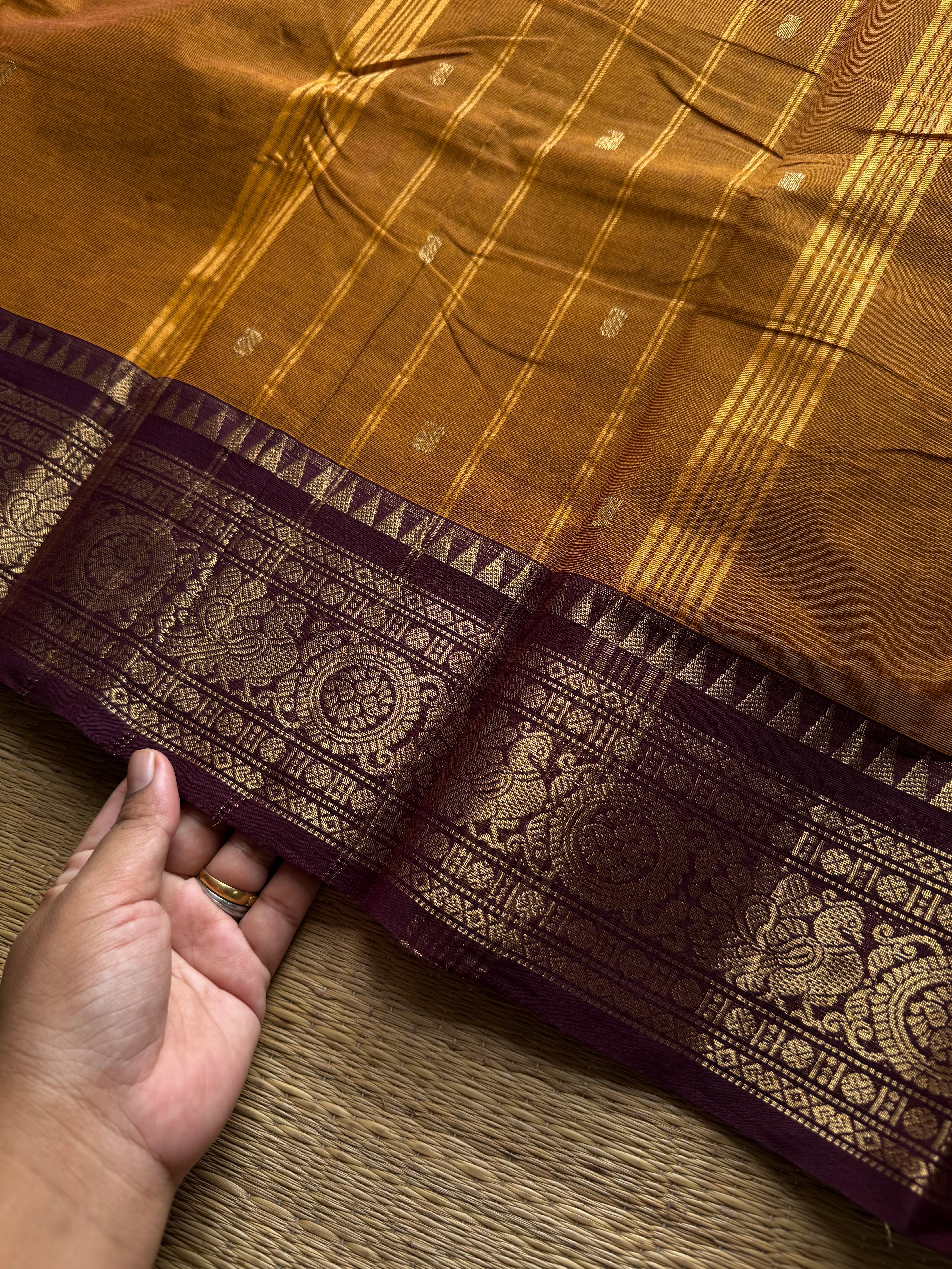 RF1350 Mustard with brown Kanchi cotton saree with handmade thread buttas