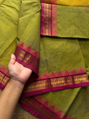 RF572 Thazhampoo Pattern ~ Green & Pink Combination Small Border Kanchi Cotton Saree