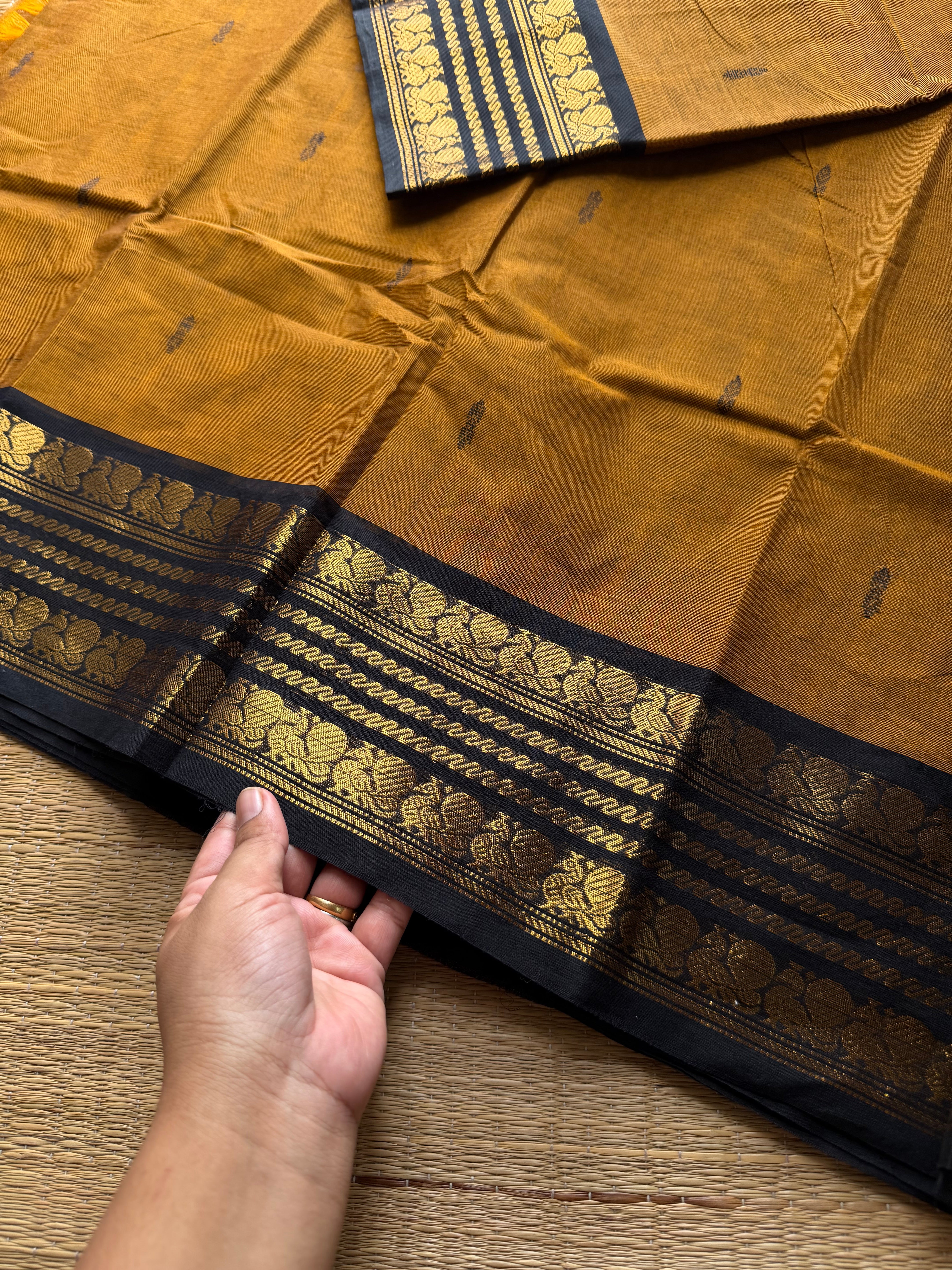 RF547 Mustard with black combination Kanchi cotton saree with handmade thread buttas
