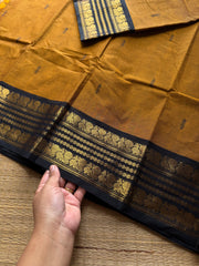 RF547 Mustard with black combination Kanchi cotton saree with handmade thread buttas