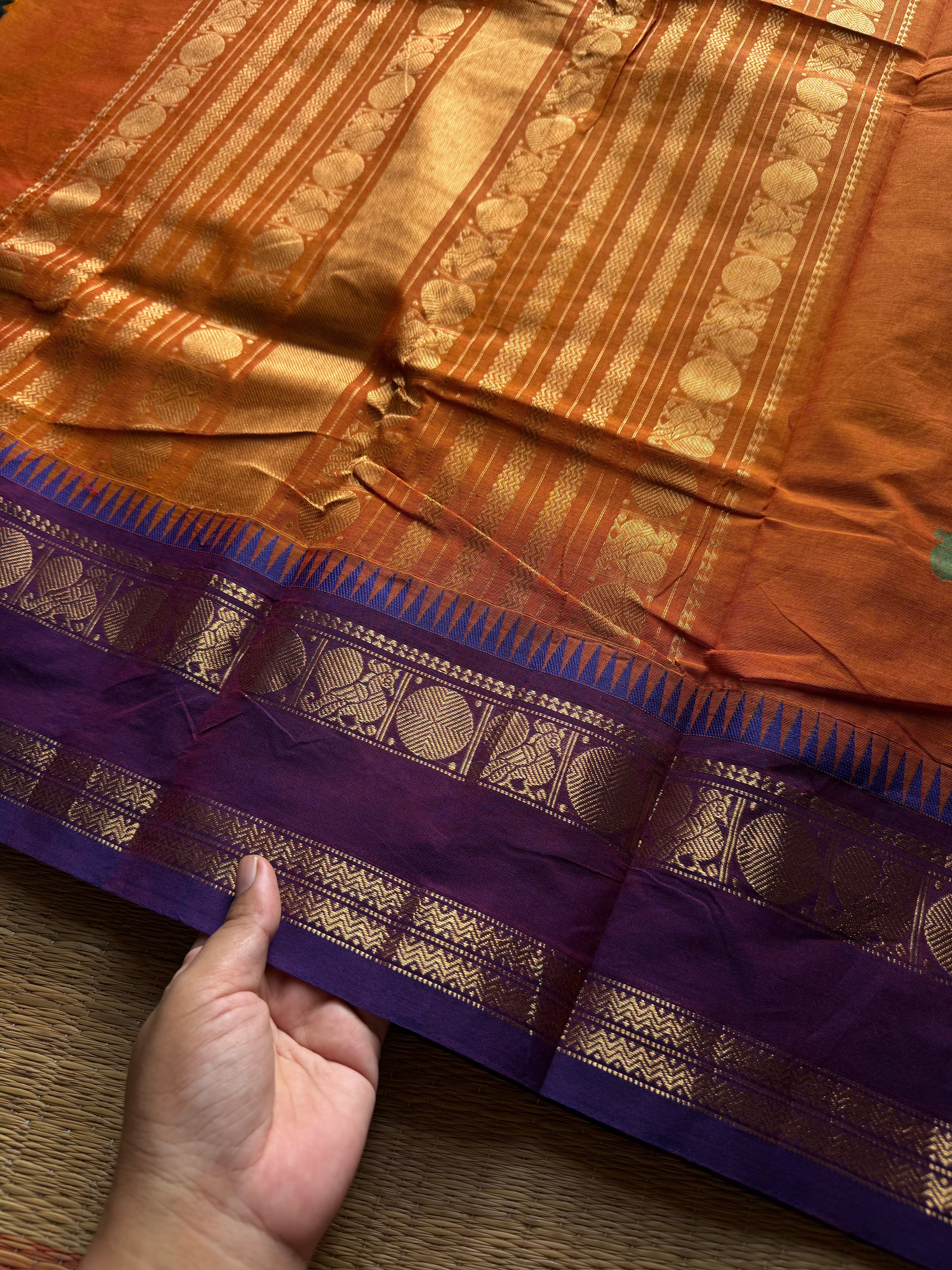 RF1396 Orange ~ Premium Rich Pallu Kanchi cotton saree with Annam pattern gap border