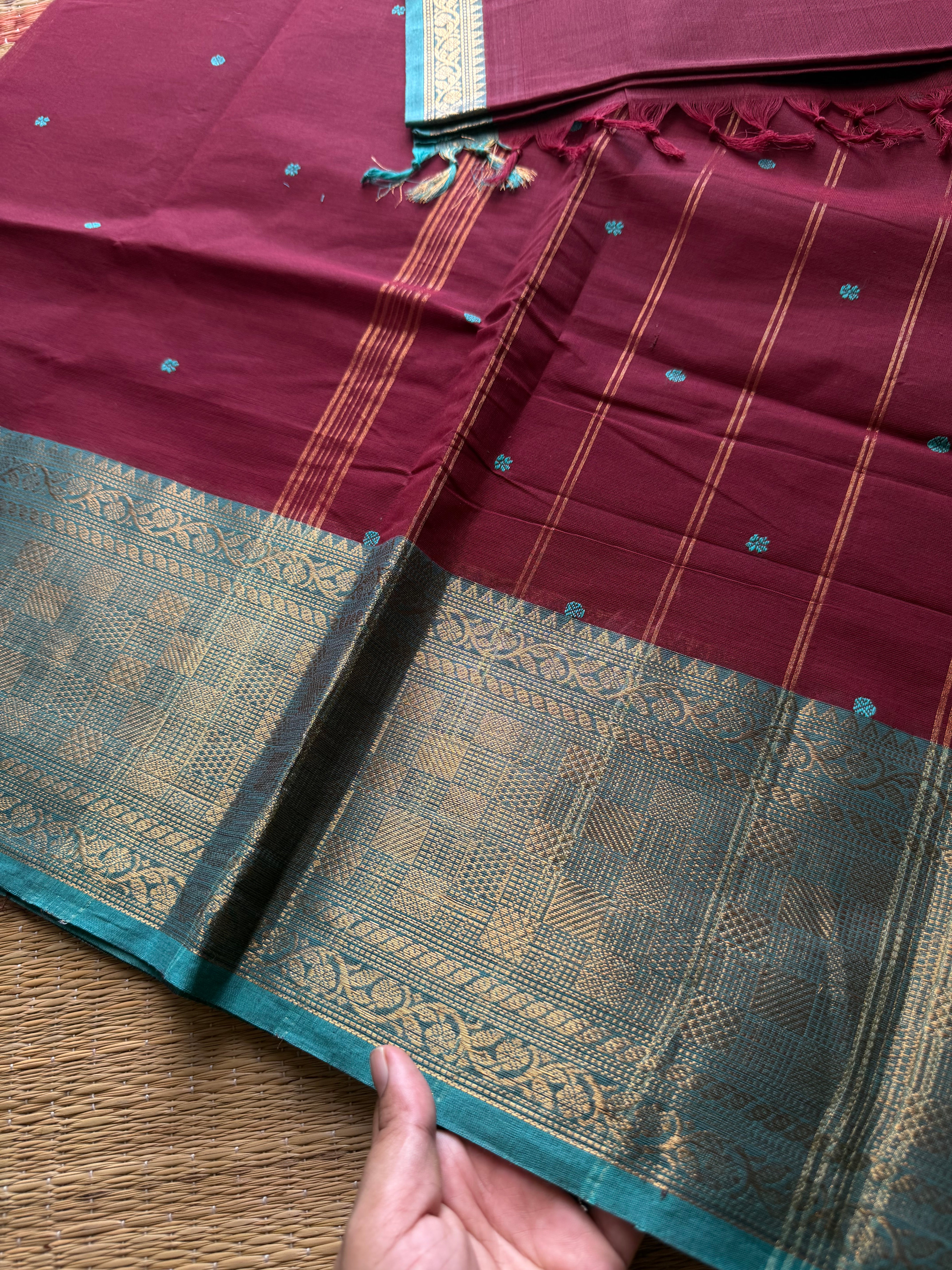 RF649 Dark magenta pink with sky blue combination Kanchi cotton saree with handmade thread buttas