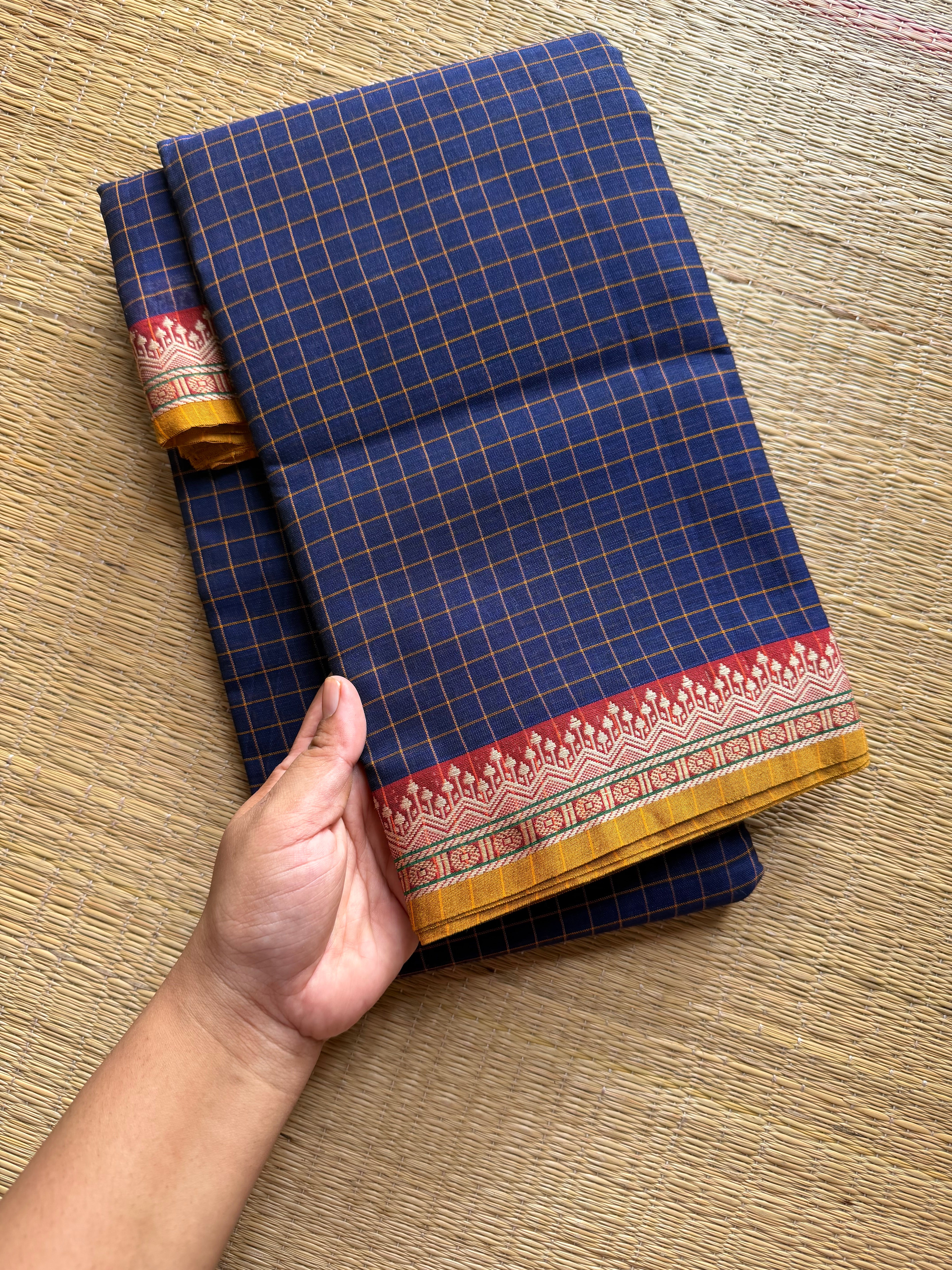RF524 Dark Navy Blue Shade Mercerised Narayanpet cotton saree with contrast small border and checks / kattam pattern
