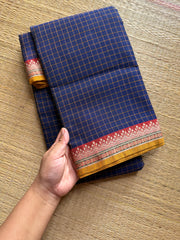RF524 Dark Navy Blue Shade Mercerised Narayanpet cotton saree with contrast small border and checks / kattam pattern
