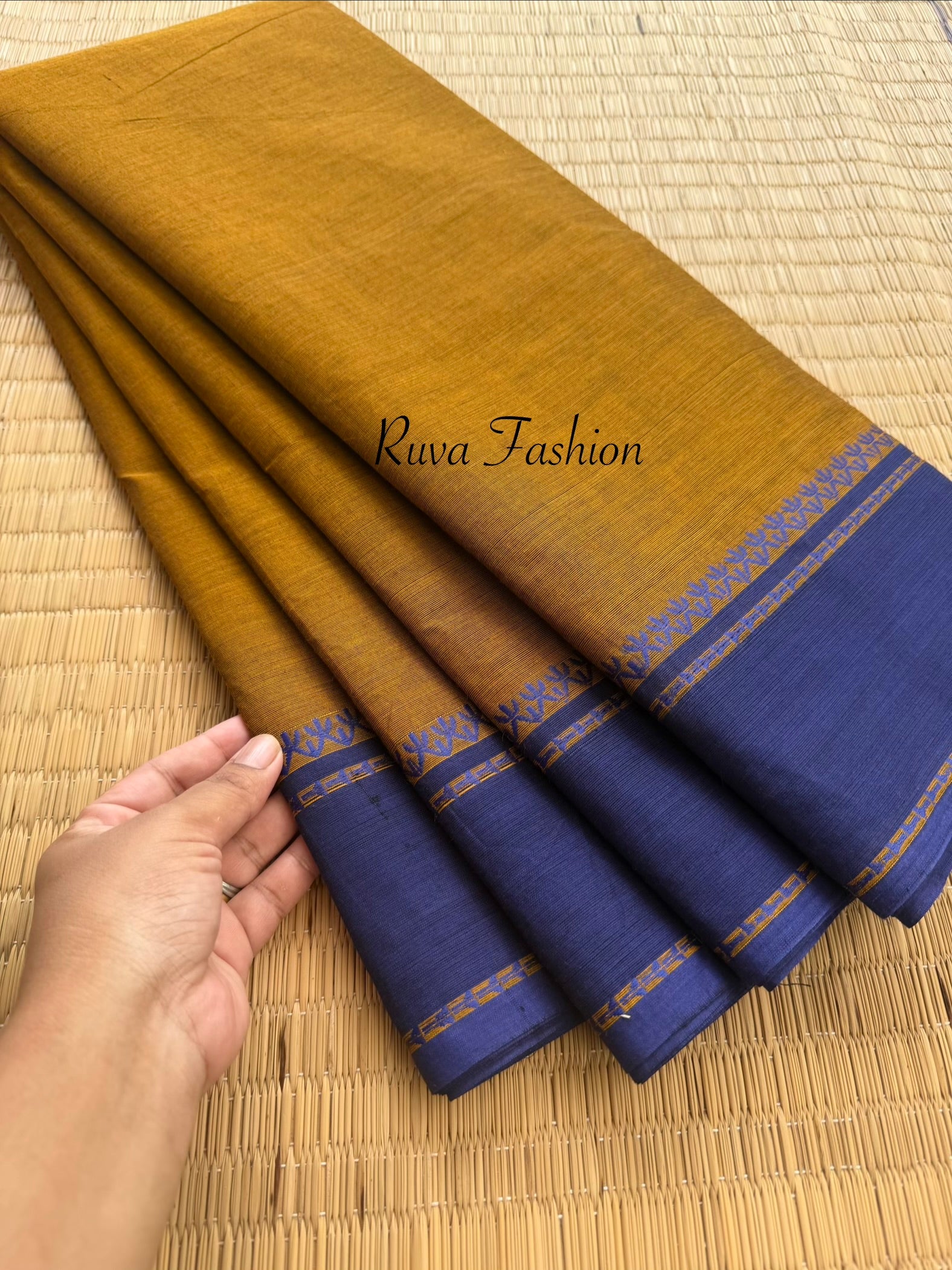 RF171 Mustard shade with royal blue combination thread border Kanchi cotton saree