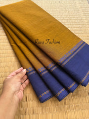 RF171 Mustard shade with royal blue combination thread border Kanchi cotton saree
