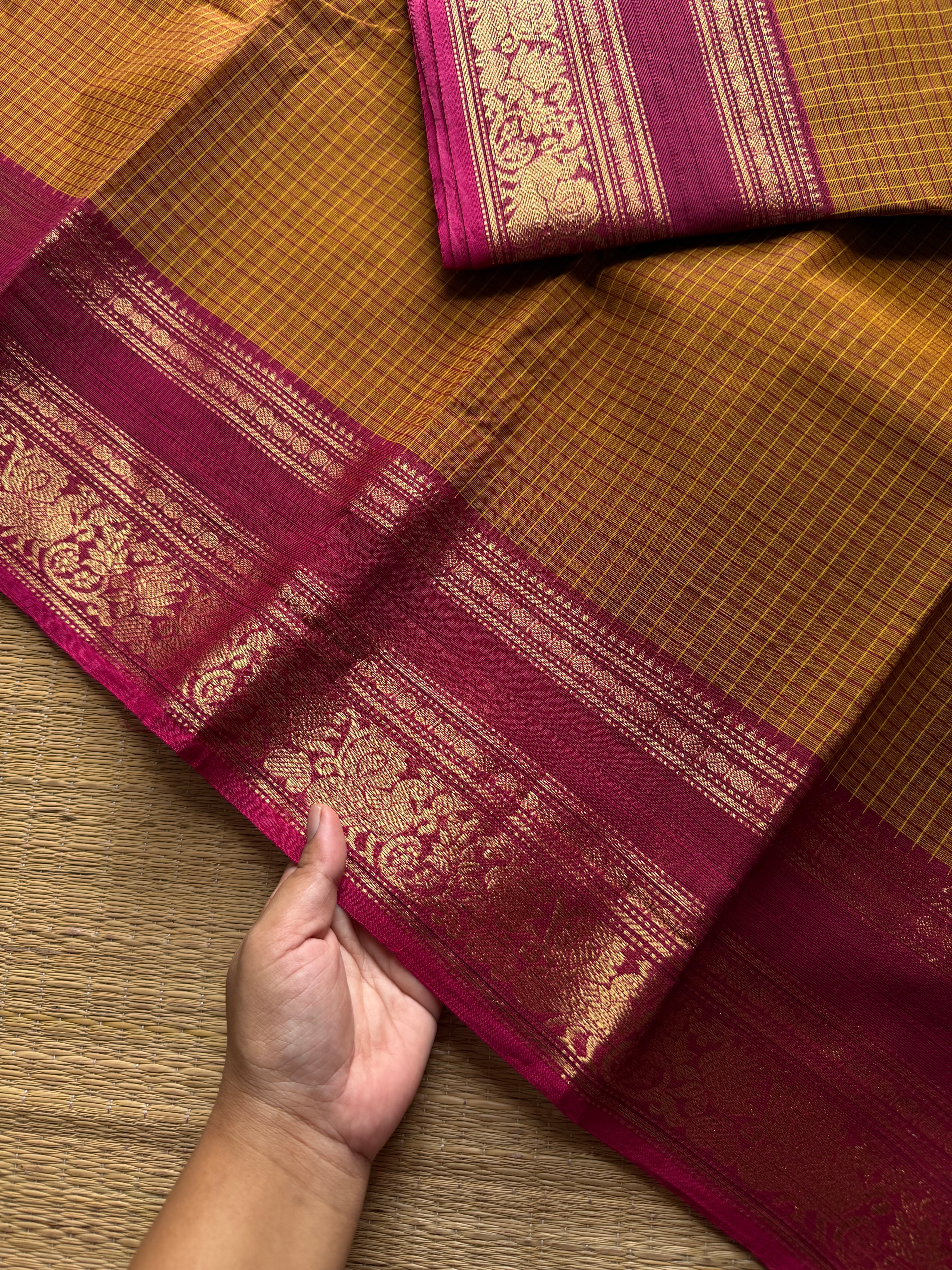RF1030 Mustard shade Kanchi cotton saree with Podikattam / checks pattern