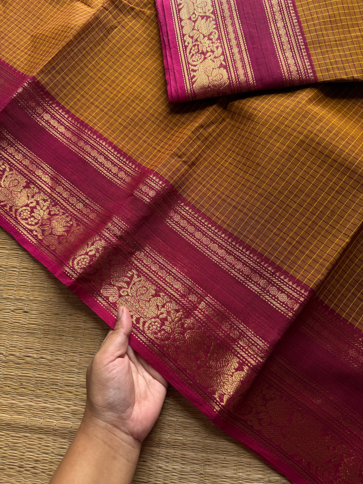 RF1030 Mustard shade Kanchi cotton saree with Podikattam / checks pattern