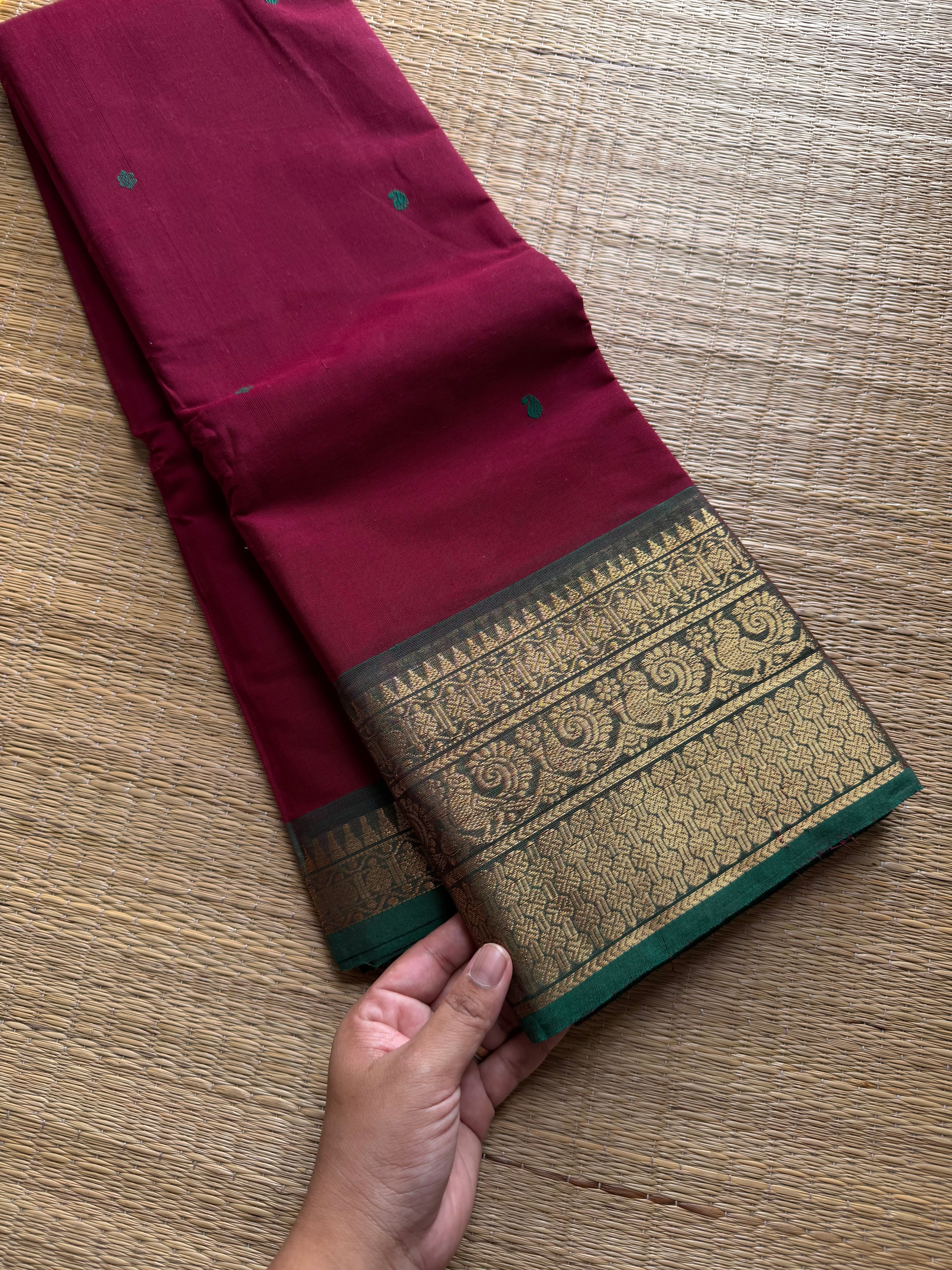 RF548 Maroon with green combination Kanchi cotton saree with handmade thread buttas